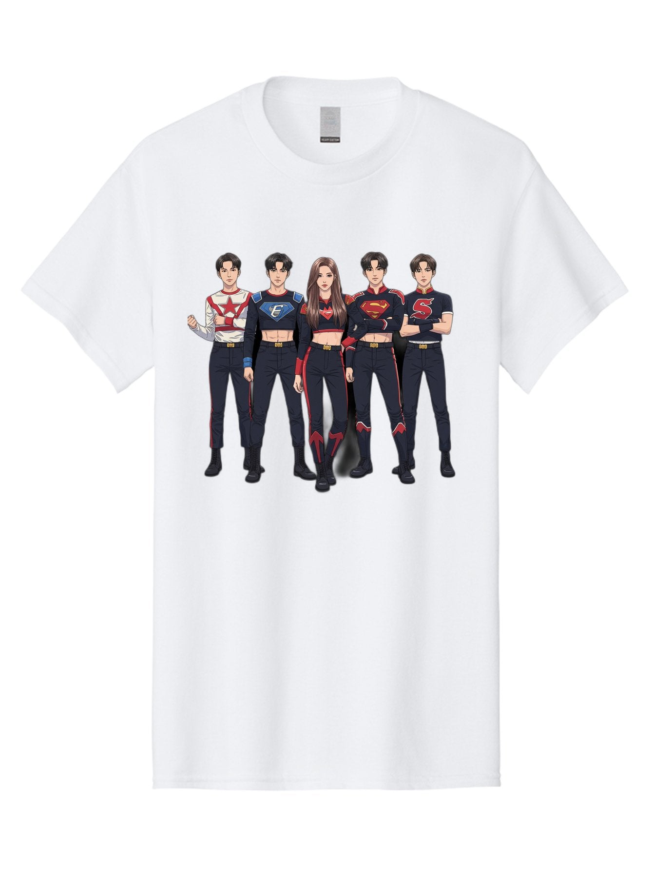 Superheroes-Kpop-Group Men'S Graphic Tee, 100% Cotton, Comfortable Casual Summer Wear, Machine Washable, Superhero Team, K-Pop Inspired Costumes, Superhero Logos, Red And Black Attire, Superhero Fashion, Comic Book Style, Modern Superheroes, Bac503 9