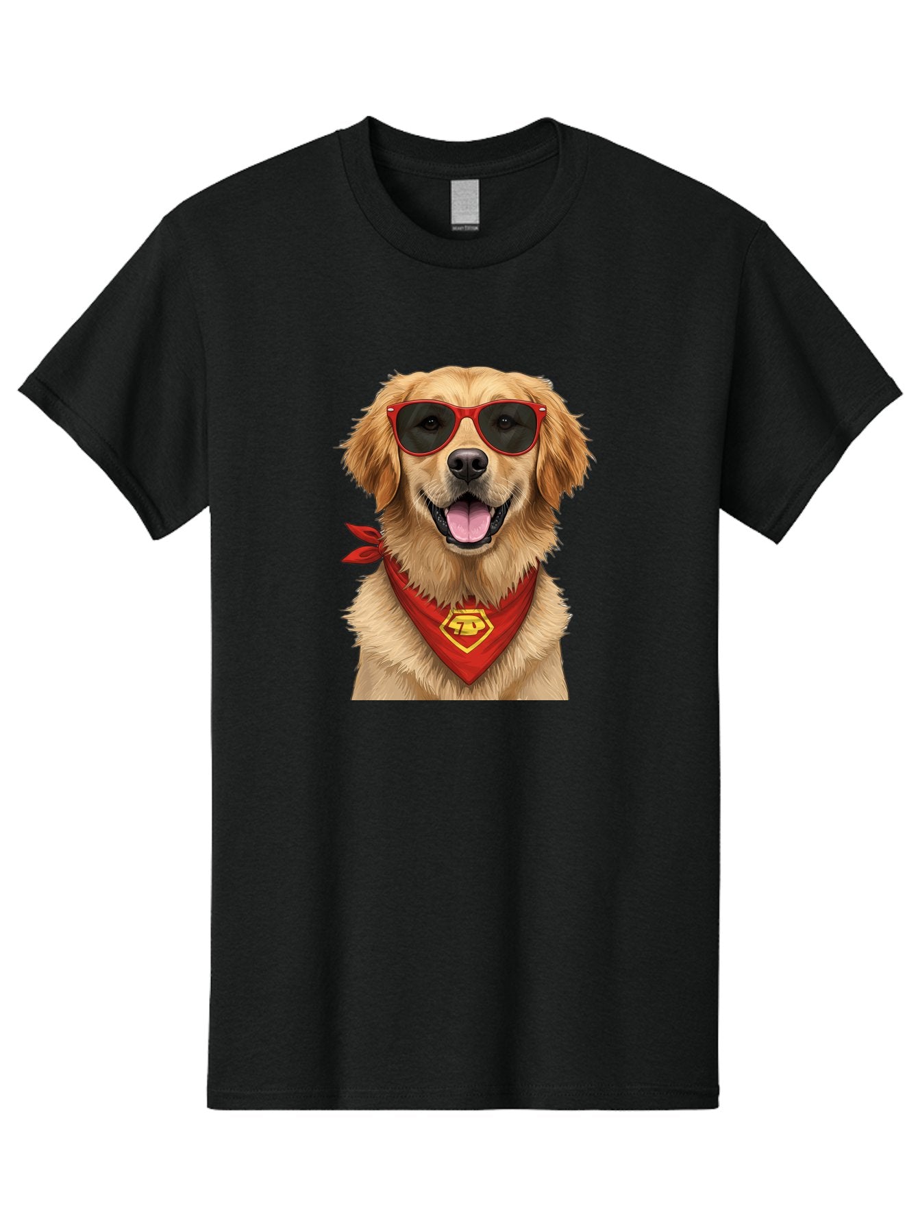 Superman-Dog Men'S Graphic Tee, 100% Cotton, Comfortable Casual Summer Wear, Machine Washable, Golden Retriever Wearing Red Sunglasses, Red Bandana With Yellow Logo, Cool Dog, Humorous Illustration, Fun Pet, Dog In Shades, Canine Fashion Bac505 6