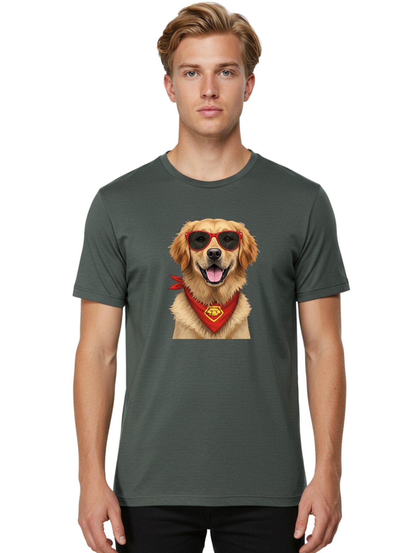 Superman-Dog Men'S Graphic Tee, 100% Cotton, Comfortable Casual Summer Wear, Machine Washable, Golden Retriever Wearing Red Sunglasses, Red Bandana With Yellow Logo, Cool Dog, Humorous Illustration, Fun Pet, Dog In Shades, Canine Fashion Bac505 26
