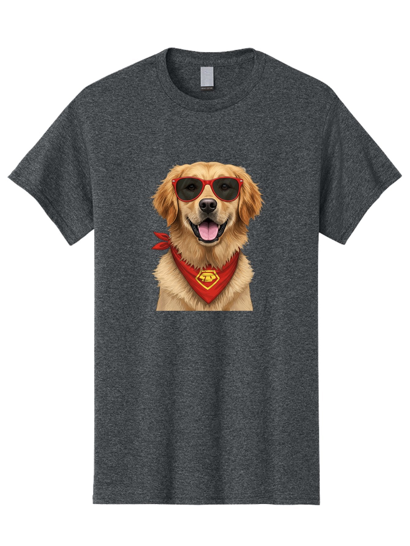 Superman-Dog Men'S Graphic Tee, 100% Cotton, Comfortable Casual Summer Wear, Machine Washable, Golden Retriever Wearing Red Sunglasses, Red Bandana With Yellow Logo, Cool Dog, Humorous Illustration, Fun Pet, Dog In Shades, Canine Fashion Bac505 12