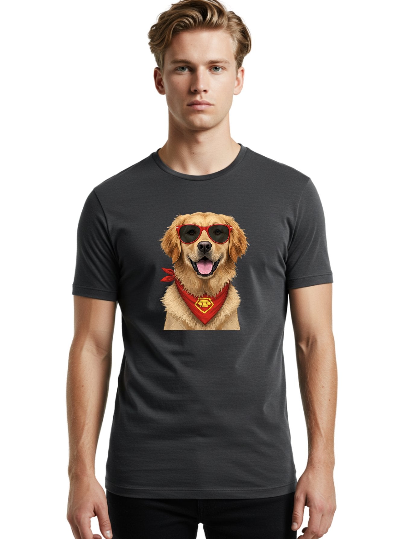 Superman-Dog Men'S Graphic Tee, 100% Cotton, Comfortable Casual Summer Wear, Machine Washable, Golden Retriever Wearing Red Sunglasses, Red Bandana With Yellow Logo, Cool Dog, Humorous Illustration, Fun Pet, Dog In Shades, Canine Fashion Bac505 28