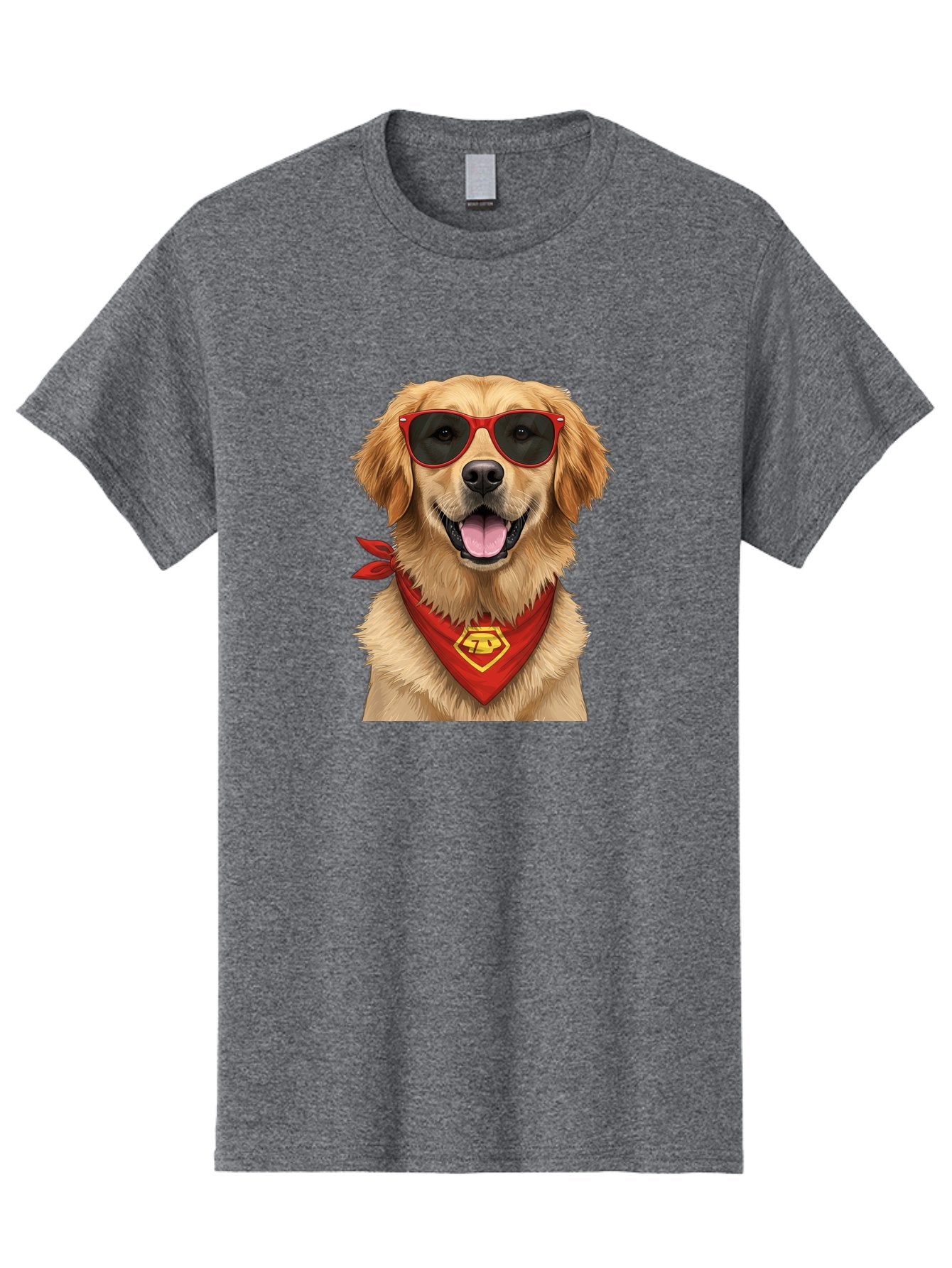 Superman-Dog Men'S Graphic Tee, 100% Cotton, Comfortable Casual Summer Wear, Machine Washable, Golden Retriever Wearing Red Sunglasses, Red Bandana With Yellow Logo, Cool Dog, Humorous Illustration, Fun Pet, Dog In Shades, Canine Fashion Bac505