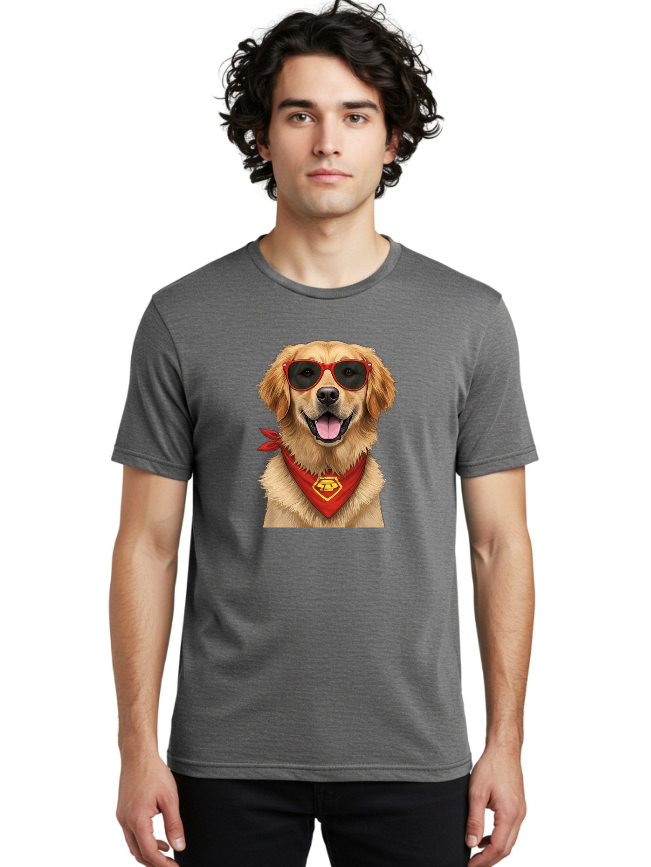 Superman-Dog Men'S Graphic Tee, 100% Cotton, Comfortable Casual Summer Wear, Machine Washable, Golden Retriever Wearing Red Sunglasses, Red Bandana With Yellow Logo, Cool Dog, Humorous Illustration, Fun Pet, Dog In Shades, Canine Fashion Bac505 19