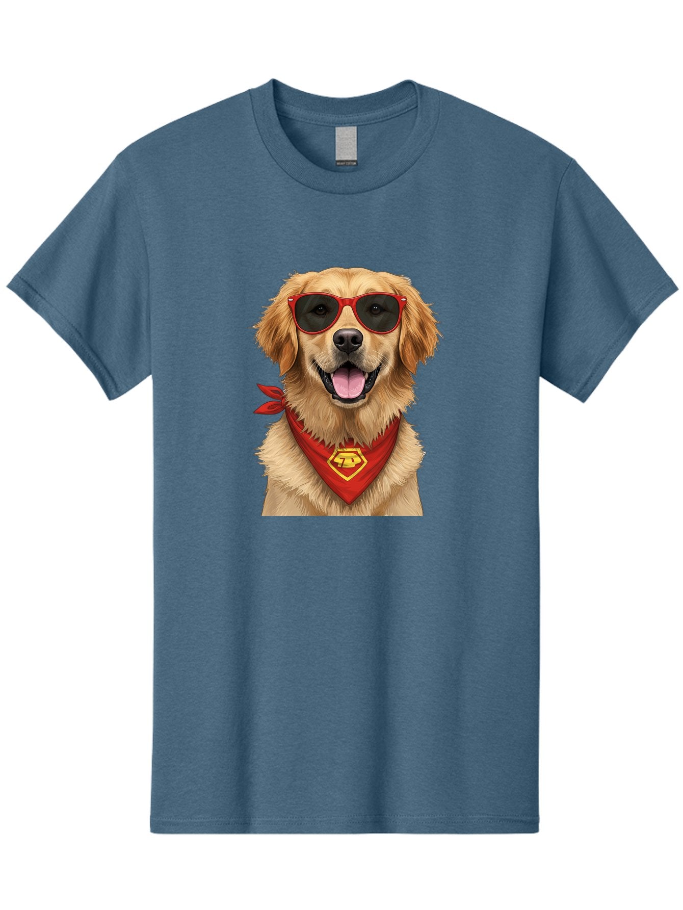 Superman-Dog Men'S Graphic Tee, 100% Cotton, Comfortable Casual Summer Wear, Machine Washable, Golden Retriever Wearing Red Sunglasses, Red Bandana With Yellow Logo, Cool Dog, Humorous Illustration, Fun Pet, Dog In Shades, Canine Fashion Bac505 7