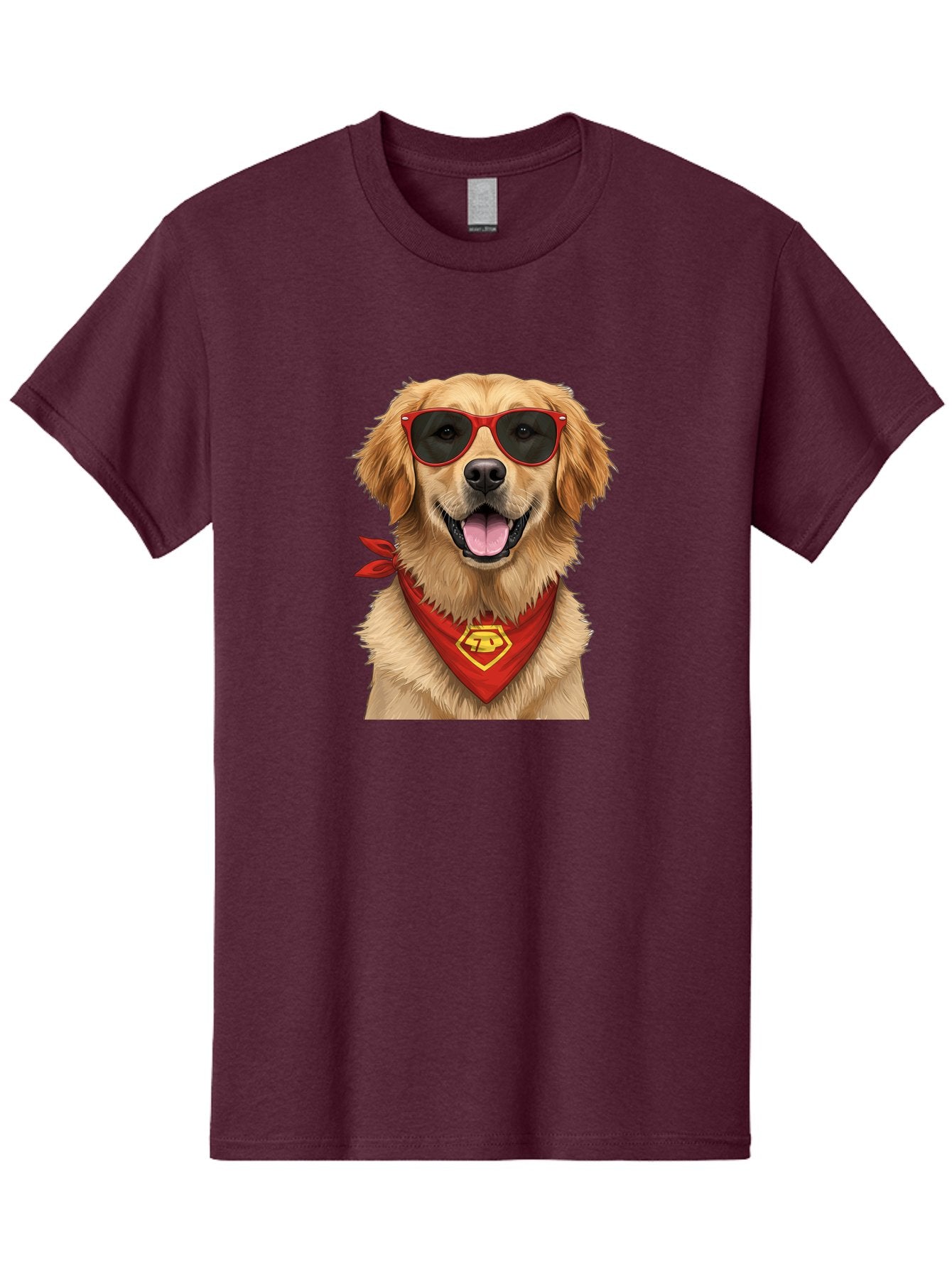 Superman-Dog Men'S Graphic Tee, 100% Cotton, Comfortable Casual Summer Wear, Machine Washable, Golden Retriever Wearing Red Sunglasses, Red Bandana With Yellow Logo, Cool Dog, Humorous Illustration, Fun Pet, Dog In Shades, Canine Fashion Bac505 14