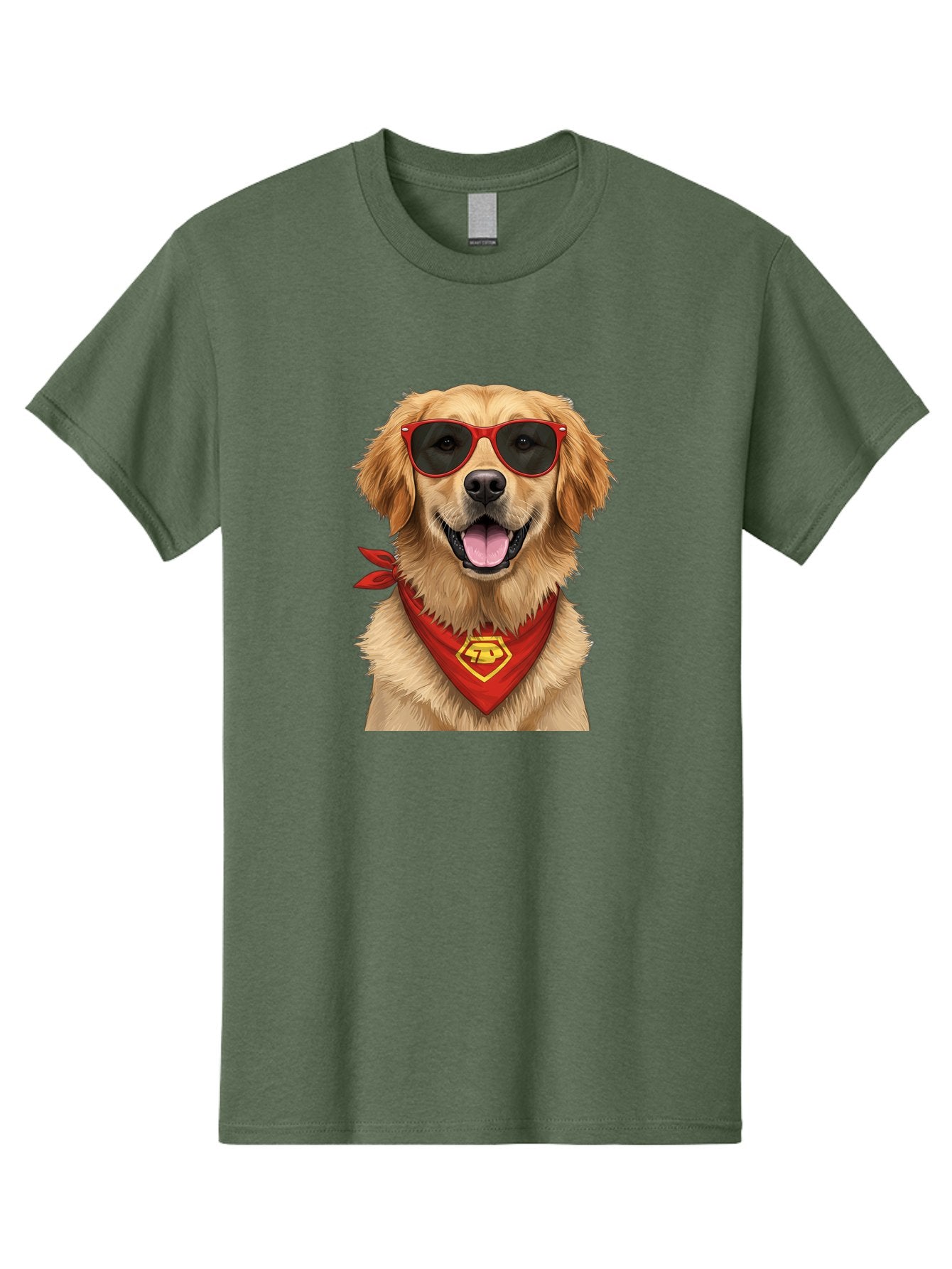 Superman-Dog Men'S Graphic Tee, 100% Cotton, Comfortable Casual Summer Wear, Machine Washable, Golden Retriever Wearing Red Sunglasses, Red Bandana With Yellow Logo, Cool Dog, Humorous Illustration, Fun Pet, Dog In Shades, Canine Fashion Bac505 10