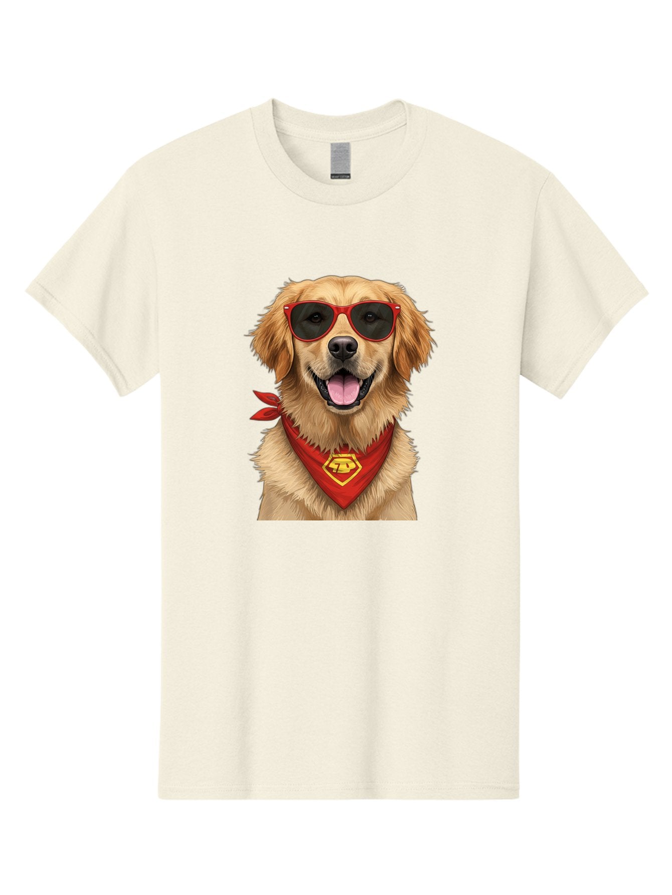 Superman-Dog Men'S Graphic Tee, 100% Cotton, Comfortable Casual Summer Wear, Machine Washable, Golden Retriever Wearing Red Sunglasses, Red Bandana With Yellow Logo, Cool Dog, Humorous Illustration, Fun Pet, Dog In Shades, Canine Fashion Bac505 4