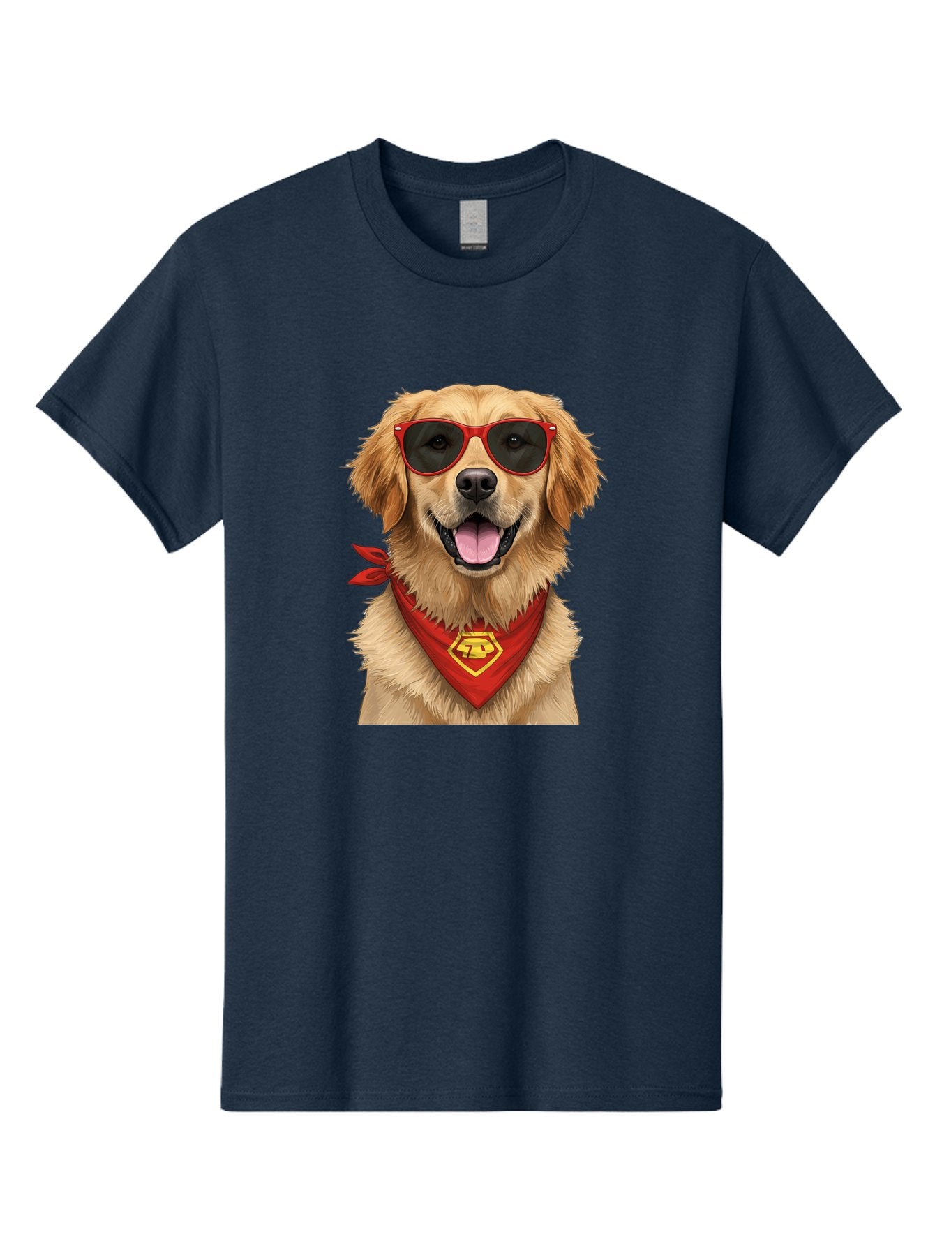 Superman-Dog Men'S Graphic Tee, 100% Cotton, Comfortable Casual Summer Wear, Machine Washable, Golden Retriever Wearing Red Sunglasses, Red Bandana With Yellow Logo, Cool Dog, Humorous Illustration, Fun Pet, Dog In Shades, Canine Fashion Bac505
