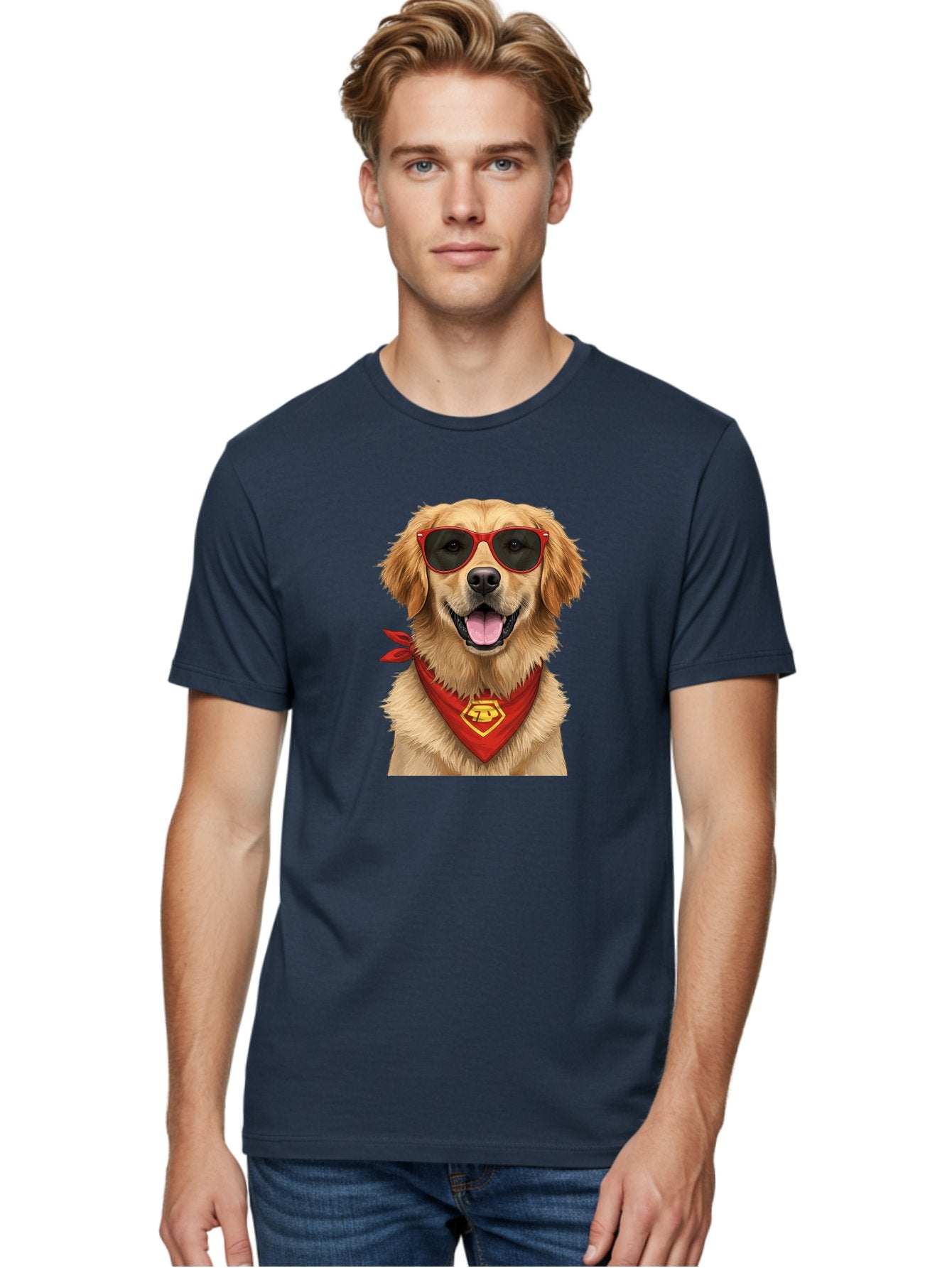 Superman-Dog Men'S Graphic Tee, 100% Cotton, Comfortable Casual Summer Wear, Machine Washable, Golden Retriever Wearing Red Sunglasses, Red Bandana With Yellow Logo, Cool Dog, Humorous Illustration, Fun Pet, Dog In Shades, Canine Fashion Bac505 21