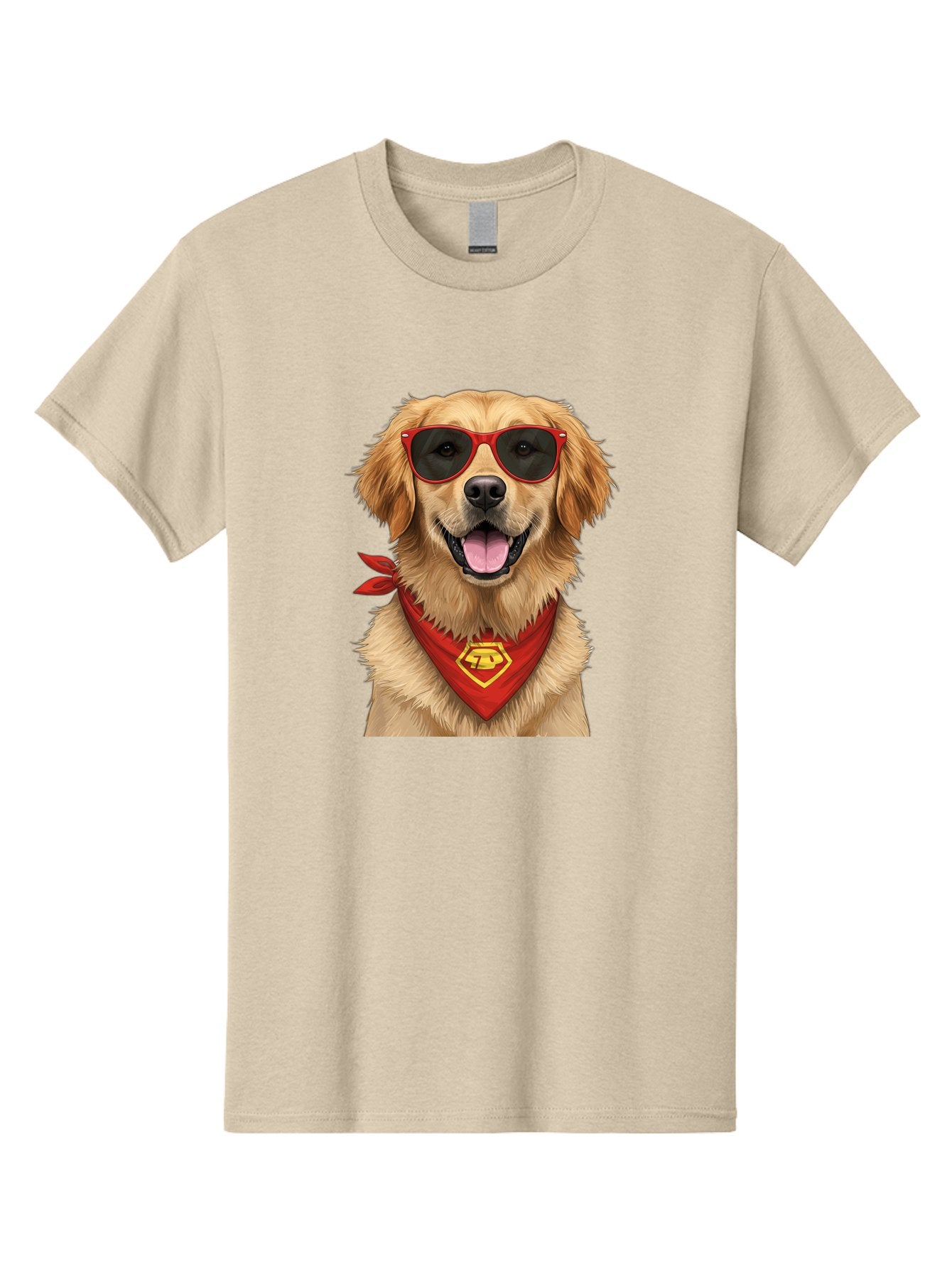 Superman-Dog Men'S Graphic Tee, 100% Cotton, Comfortable Casual Summer Wear, Machine Washable, Golden Retriever Wearing Red Sunglasses, Red Bandana With Yellow Logo, Cool Dog, Humorous Illustration, Fun Pet, Dog In Shades, Canine Fashion Bac505 3