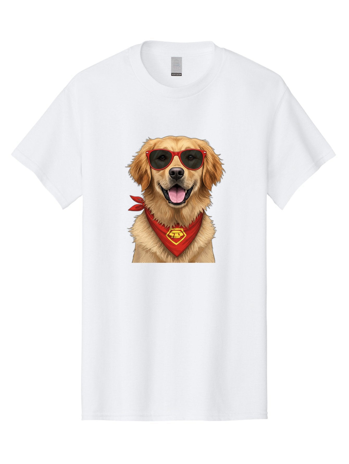 Superman-Dog Men'S Graphic Tee, 100% Cotton, Comfortable Casual Summer Wear, Machine Washable, Golden Retriever Wearing Red Sunglasses, Red Bandana With Yellow Logo, Cool Dog, Humorous Illustration, Fun Pet, Dog In Shades, Canine Fashion Bac505 5