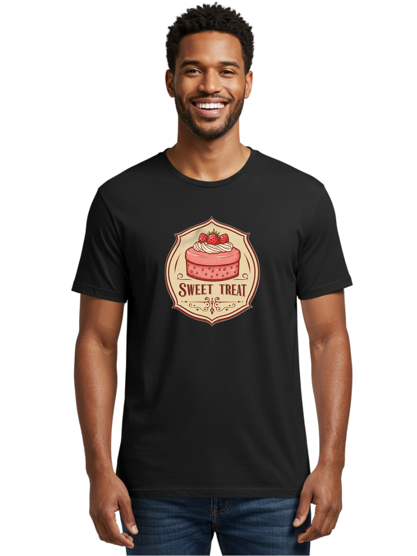 Sweet-Treat Men'S Graphic Tee, 100% Cotton, Comfortable Casual Summer Wear, Machine Washable, Strawberry Cake, Sweet Treat, Dessert Logo, Vintage Label, Whipped Cream, Strawberries, Cake Decoration, Bakery Design, Retro Style, Sweet Delights Bac506 28