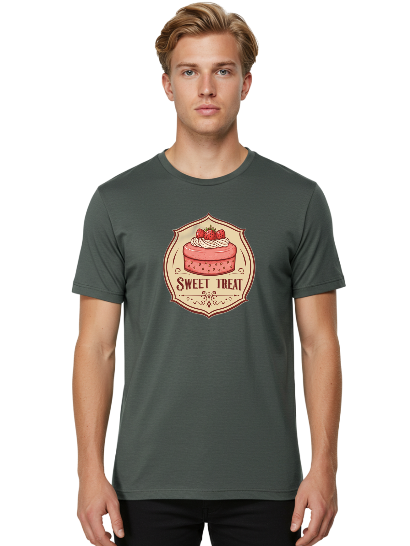 Sweet-Treat Men'S Graphic Tee, 100% Cotton, Comfortable Casual Summer Wear, Machine Washable, Strawberry Cake, Sweet Treat, Dessert Logo, Vintage Label, Whipped Cream, Strawberries, Cake Decoration, Bakery Design, Retro Style, Sweet Delights Bac506 20