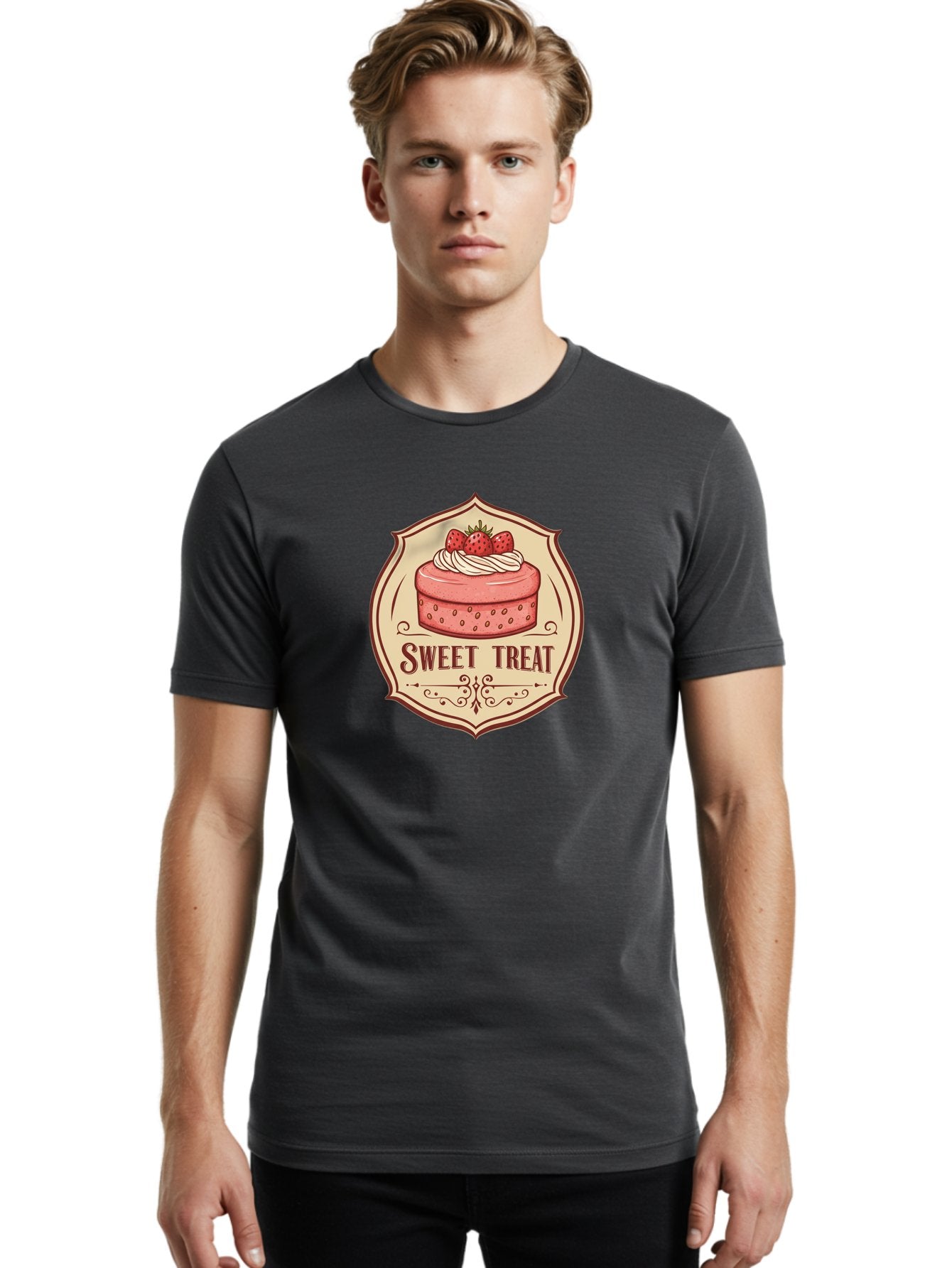 Sweet-Treat Men'S Graphic Tee, 100% Cotton, Comfortable Casual Summer Wear, Machine Washable, Strawberry Cake, Sweet Treat, Dessert Logo, Vintage Label, Whipped Cream, Strawberries, Cake Decoration, Bakery Design, Retro Style, Sweet Delights Bac506 17