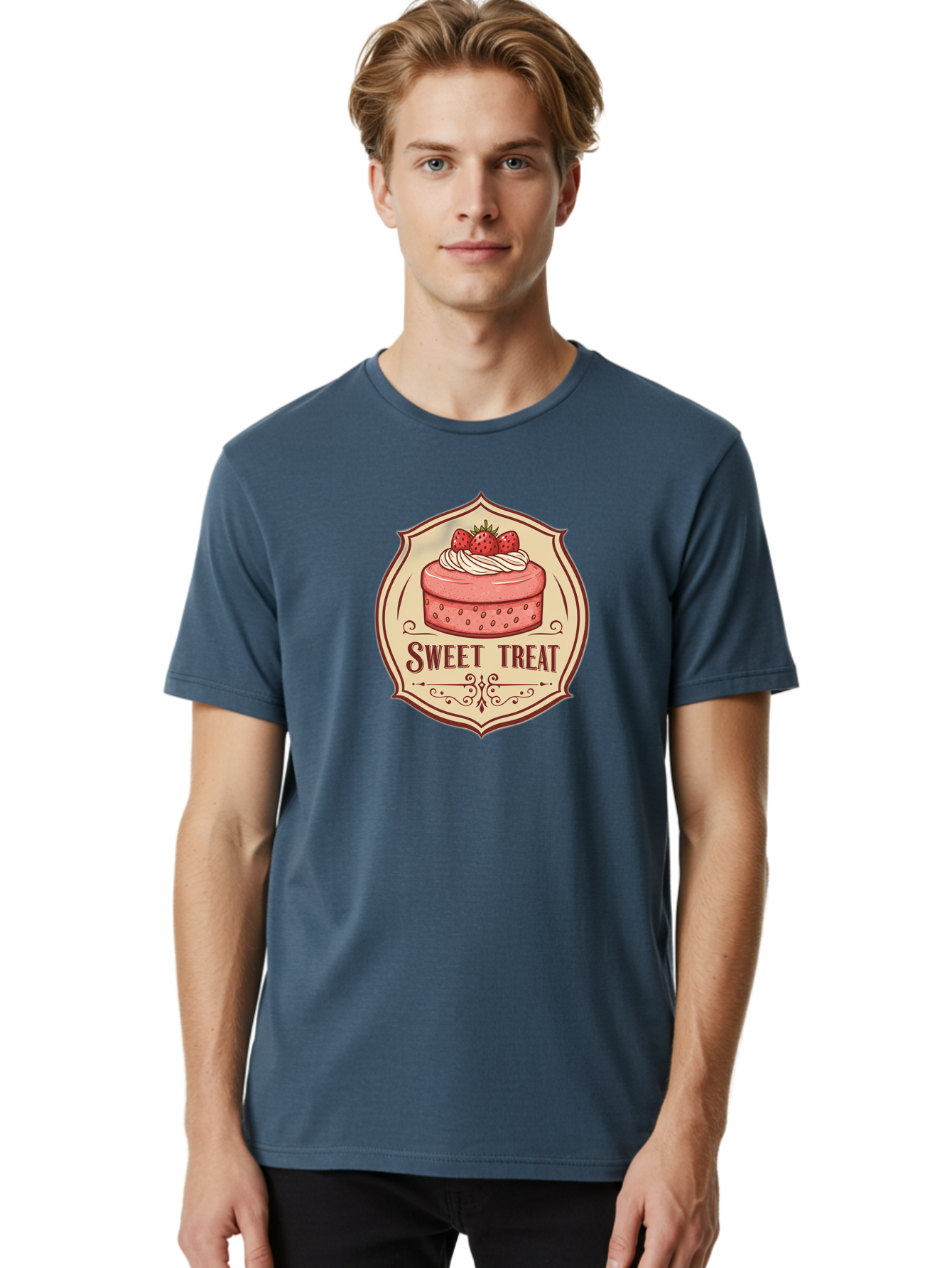 Sweet-Treat Men'S Graphic Tee, 100% Cotton, Comfortable Casual Summer Wear, Machine Washable, Strawberry Cake, Sweet Treat, Dessert Logo, Vintage Label, Whipped Cream, Strawberries, Cake Decoration, Bakery Design, Retro Style, Sweet Delights Bac506 23