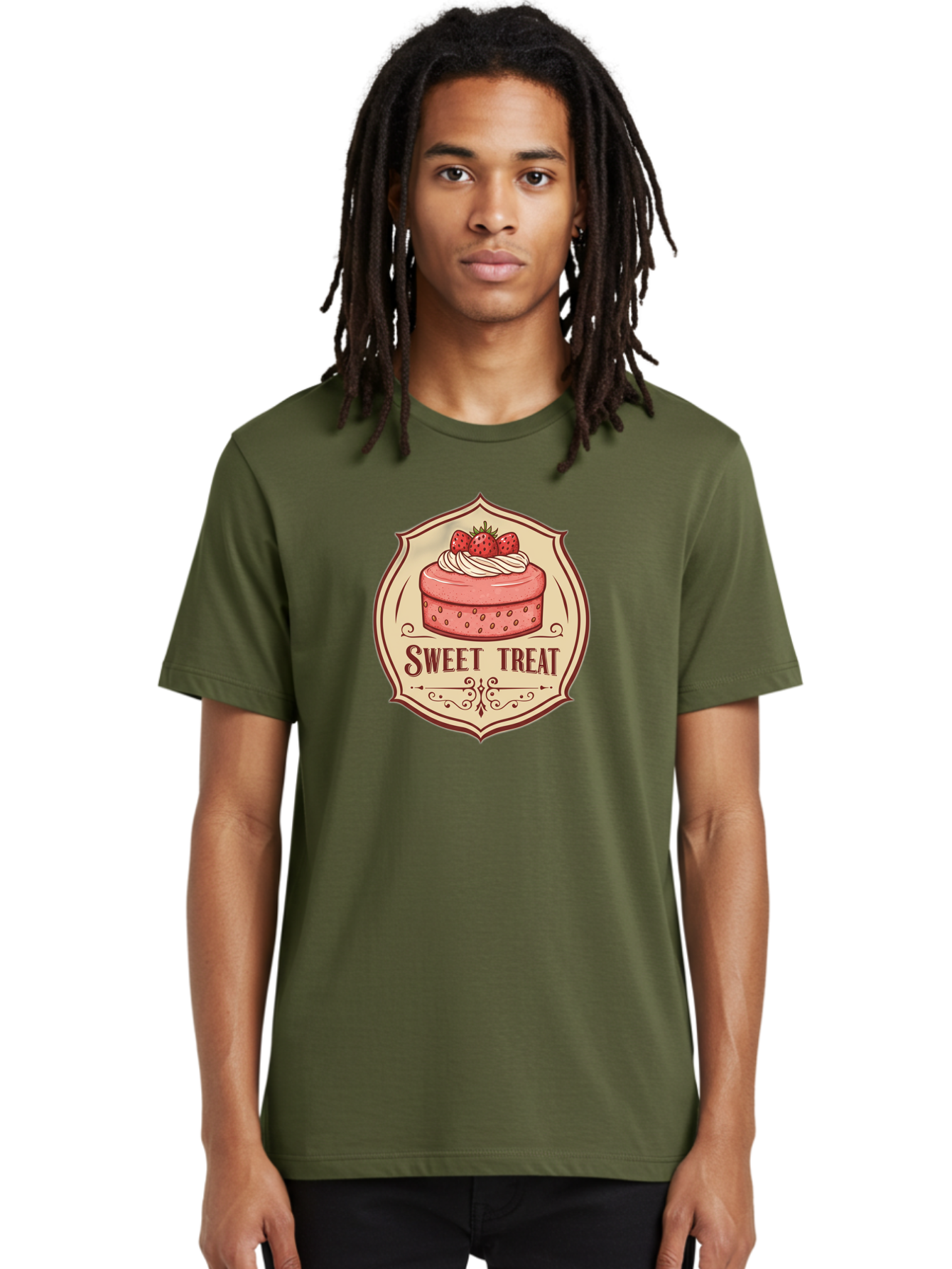 Sweet-Treat Men'S Graphic Tee, 100% Cotton, Comfortable Casual Summer Wear, Machine Washable, Strawberry Cake, Sweet Treat, Dessert Logo, Vintage Label, Whipped Cream, Strawberries, Cake Decoration, Bakery Design, Retro Style, Sweet Delights Bac506 19