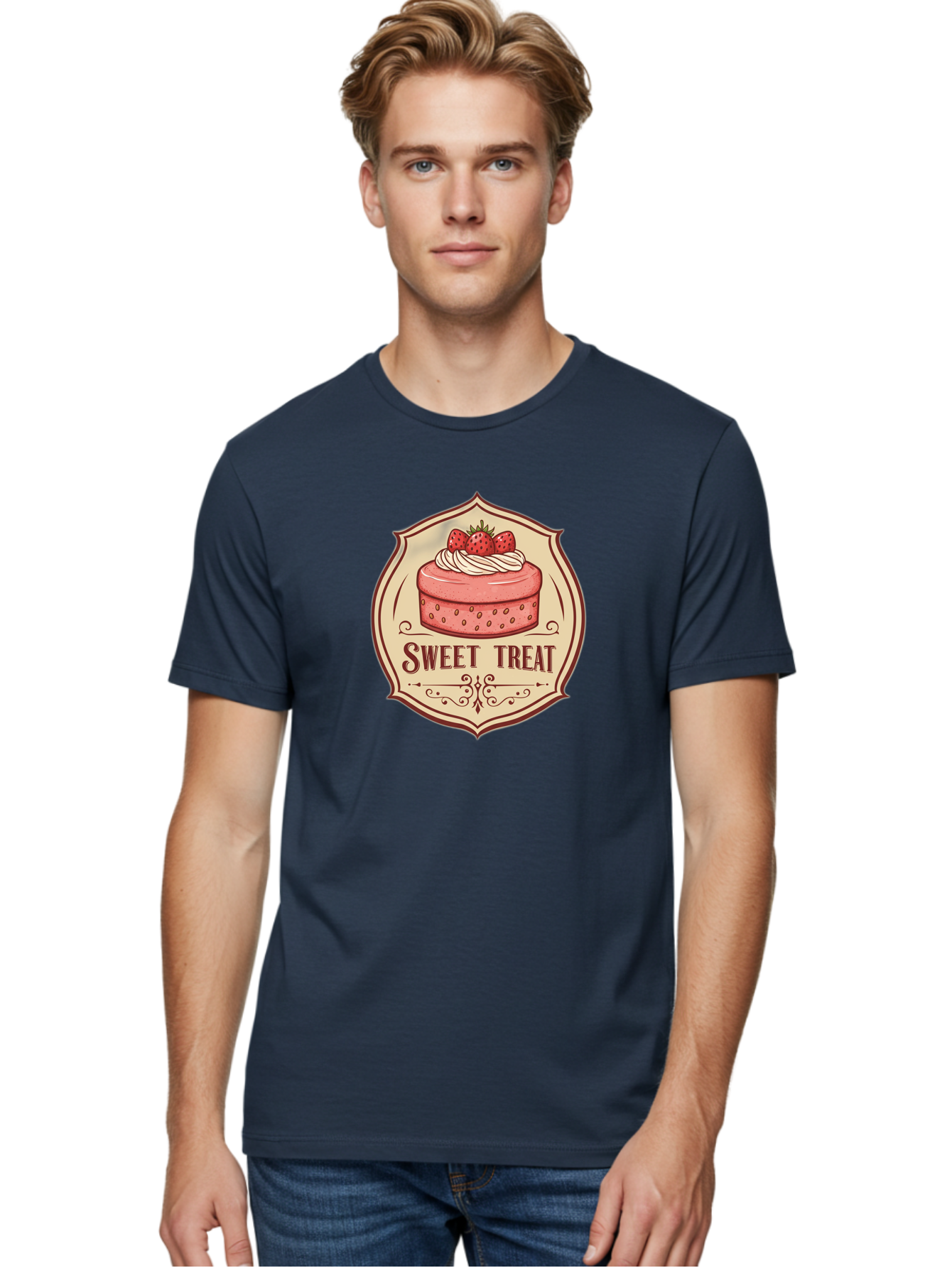 Sweet-Treat Men'S Graphic Tee, 100% Cotton, Comfortable Casual Summer Wear, Machine Washable, Strawberry Cake, Sweet Treat, Dessert Logo, Vintage Label, Whipped Cream, Strawberries, Cake Decoration, Bakery Design, Retro Style, Sweet Delights Bac506 21