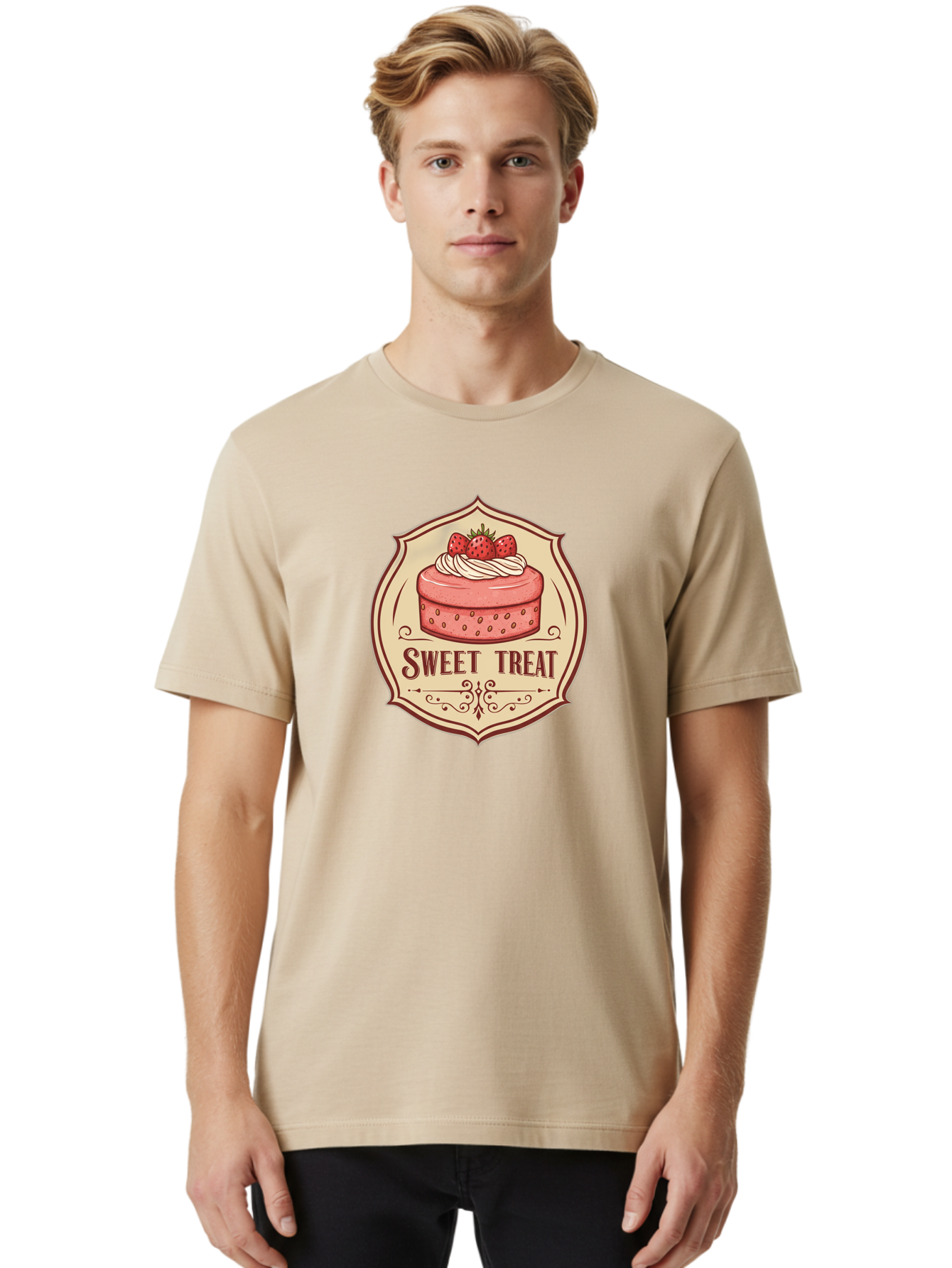 Sweet-Treat Men'S Graphic Tee, 100% Cotton, Comfortable Casual Summer Wear, Machine Washable, Strawberry Cake, Sweet Treat, Dessert Logo, Vintage Label, Whipped Cream, Strawberries, Cake Decoration, Bakery Design, Retro Style, Sweet Delights Bac506 30