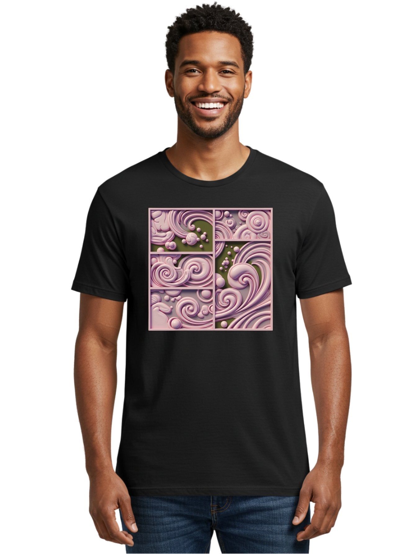 Swirling-Patterns Men'S Graphic Tee, 100% Cotton, Comfortable Casual Summer Wear, Machine Washable, Pink Swirls, Fluid Design, Abstract Pattern, Ornate Details, Whimsical Shapes, 3D Effect, Artistic Expression, Creative Wallpaper, Bac508 21