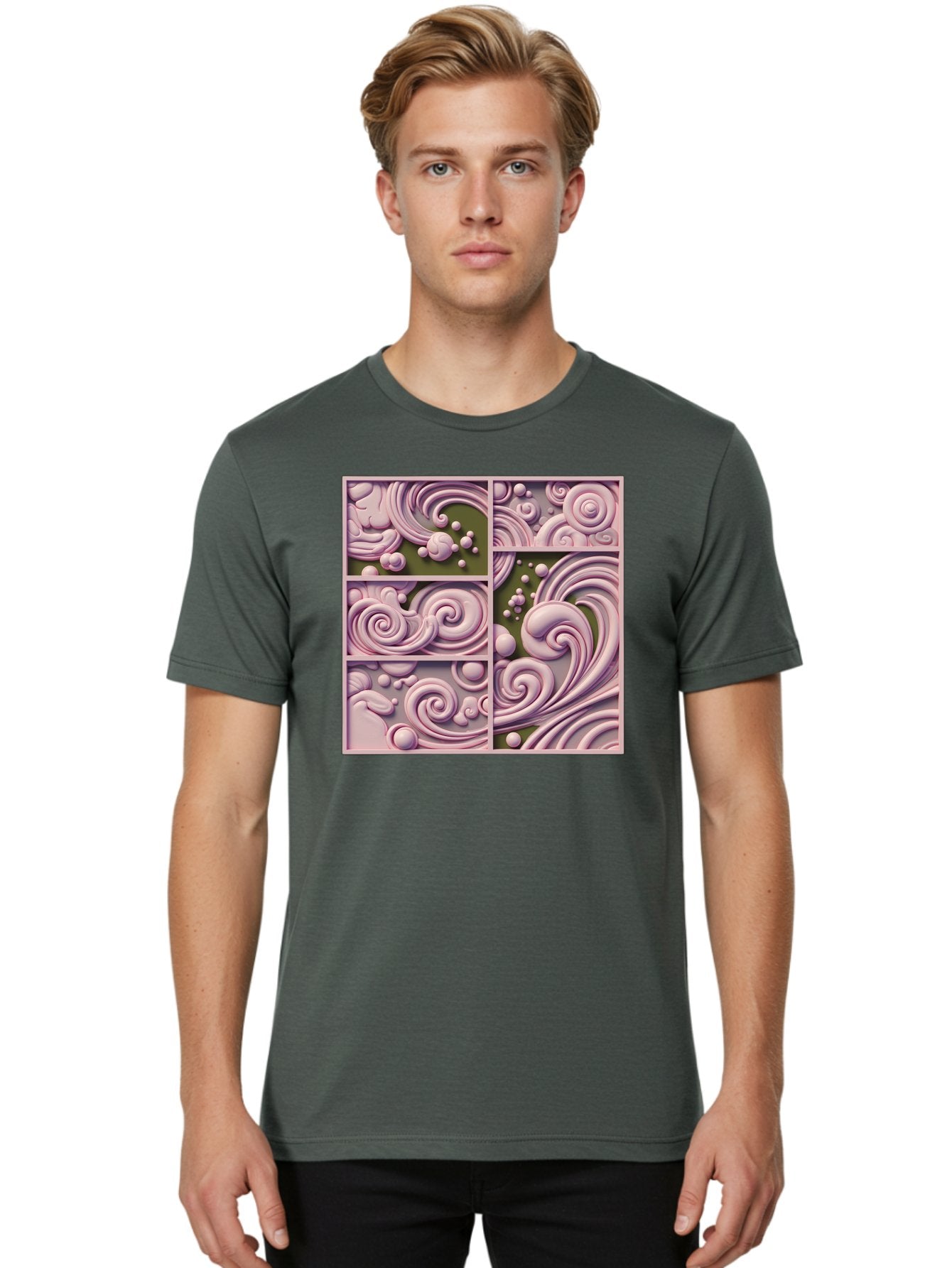 Swirling-Patterns Men'S Graphic Tee, 100% Cotton, Comfortable Casual Summer Wear, Machine Washable, Pink Swirls, Fluid Design, Abstract Pattern, Ornate Details, Whimsical Shapes, 3D Effect, Artistic Expression, Creative Wallpaper, Bac508 24