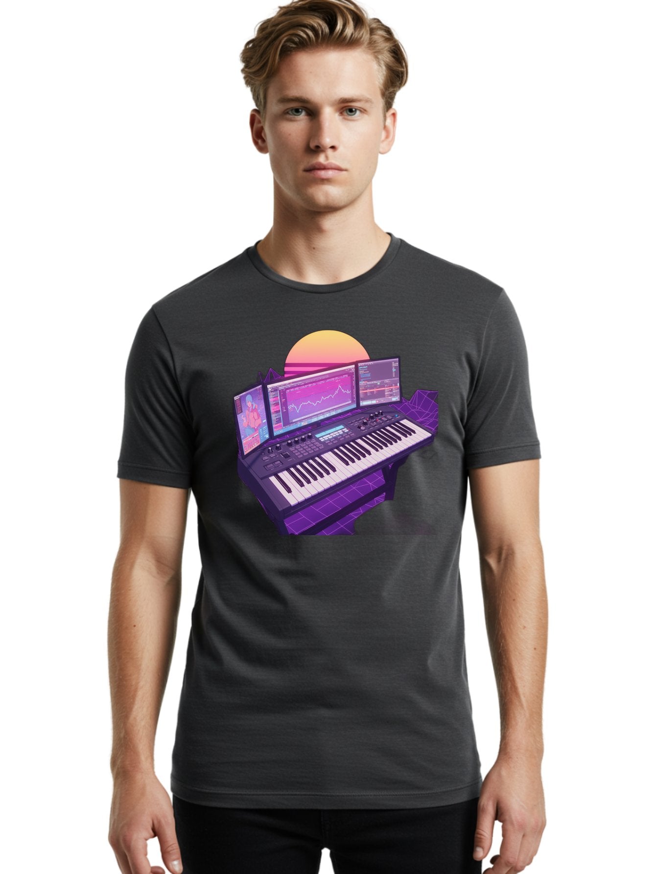Synthesizer Men'S Graphic Tee, 100% Cotton, Comfortable Casual Summer Wear, Machine Washable, Synthesizer Keyboard, Music Production, Digital Audio Workstation, Sound Design, Electronic Music, Midi Controller, Waveform, Music Technology, Bac509 16