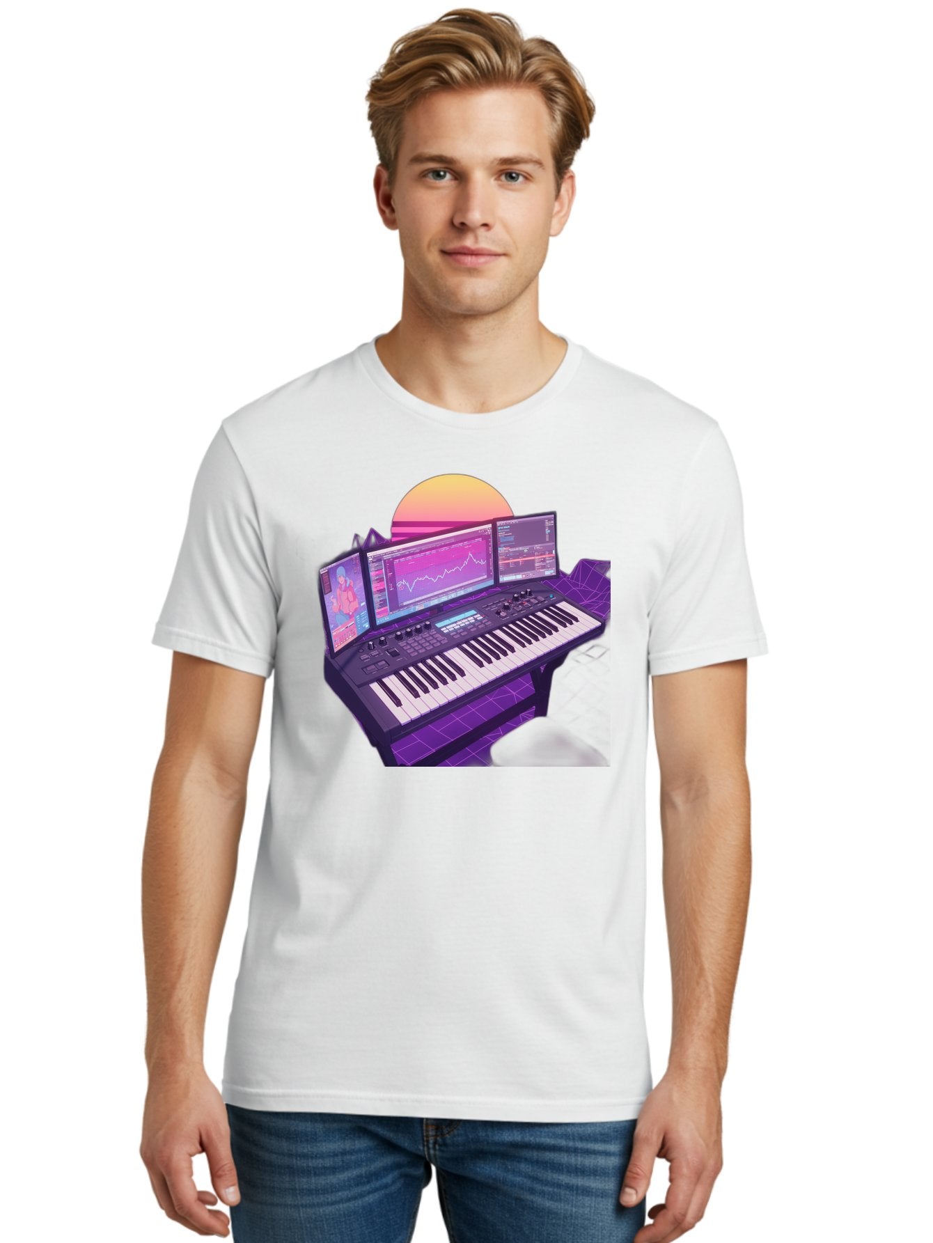 Synthesizer Men'S Graphic Tee, 100% Cotton, Comfortable Casual Summer Wear, Machine Washable, Synthesizer Keyboard, Music Production, Digital Audio Workstation, Sound Design, Electronic Music, Midi Controller, Waveform, Music Technology, Bac509 18