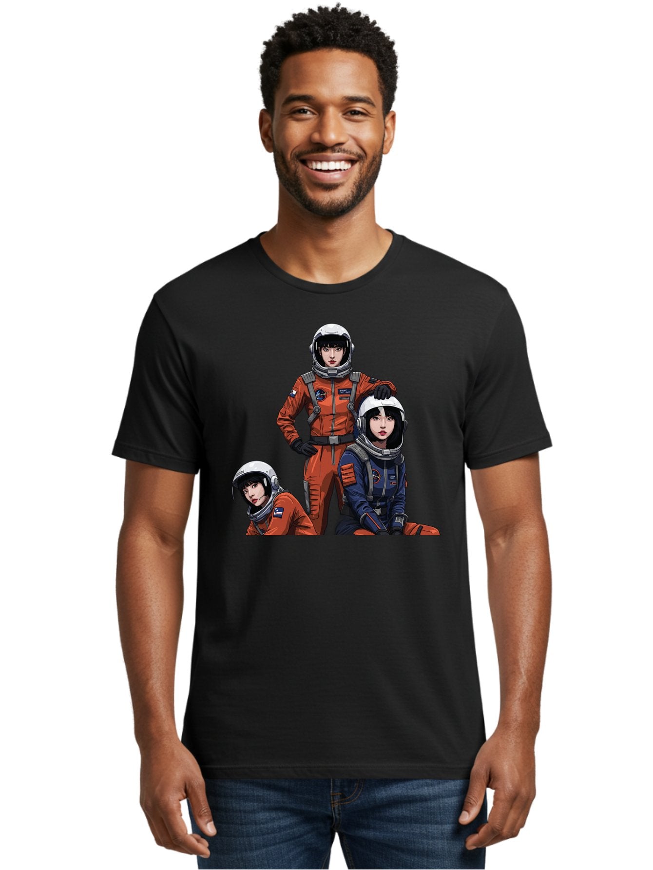Three-Astronauts Men'S Graphic Tee, 100% Cotton, Comfortable Casual Summer Wear, Machine Washable, Astronauts In Space Suits, Orange And Blue Jumpsuits, Space Mission, Helmet And Gloves, Futuristic Design, Team Of Explorers, Space Travel Bac511 17
