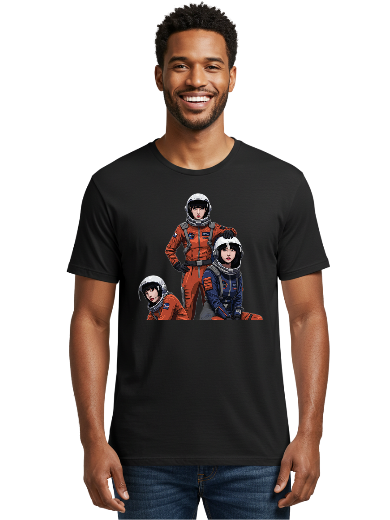 Three-Astronauts Men'S Graphic Tee, 100% Cotton, Comfortable Casual Summer Wear, Machine Washable, Astronauts In Space Suits, Orange And Blue Jumpsuits, Space Mission, Helmet And Gloves, Futuristic Design, Team Of Explorers, Space Travel Bac511 29