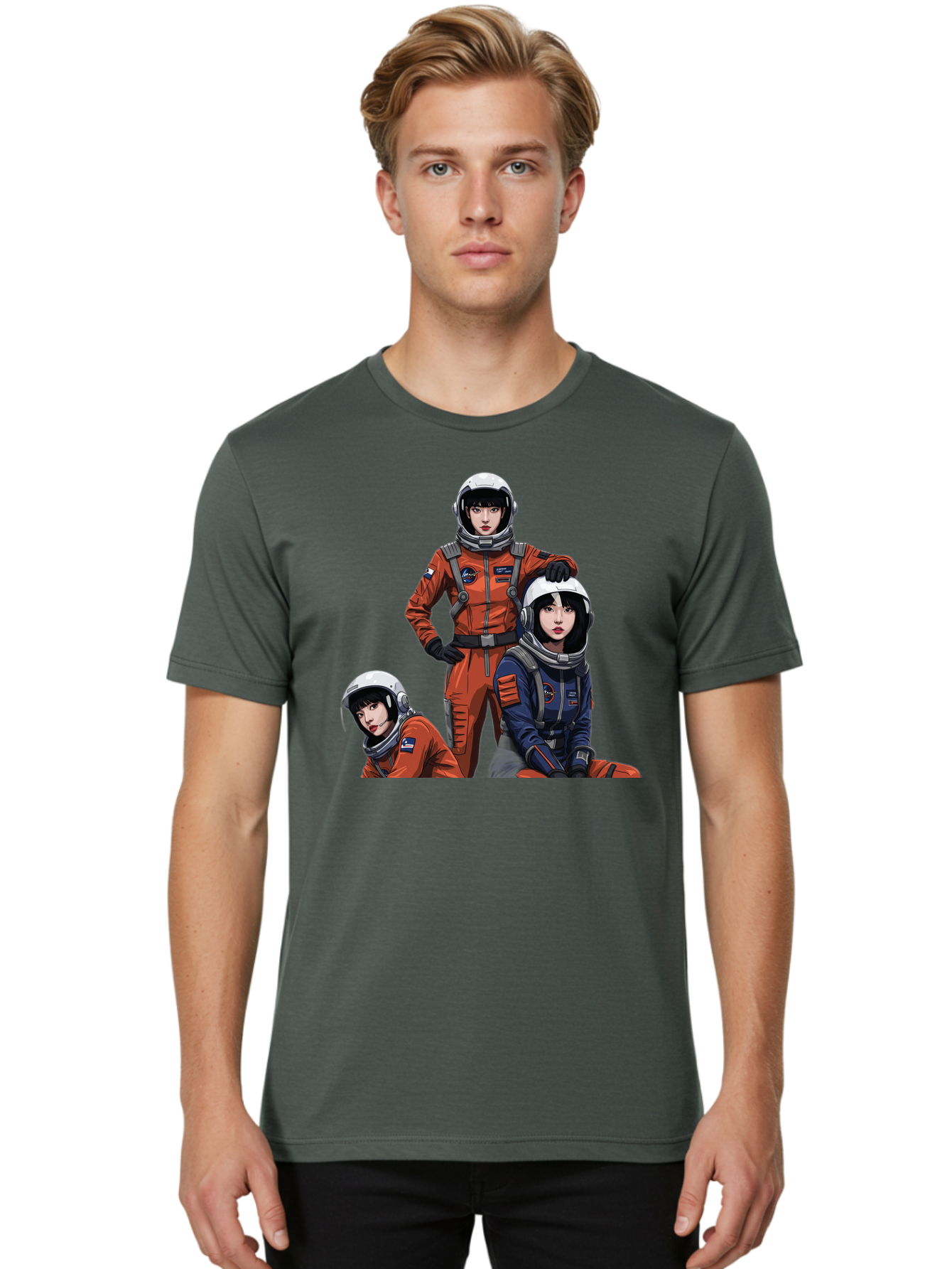 Three-Astronauts Men'S Graphic Tee, 100% Cotton, Comfortable Casual Summer Wear, Machine Washable, Astronauts In Space Suits, Orange And Blue Jumpsuits, Space Mission, Helmet And Gloves, Futuristic Design, Team Of Explorers, Space Travel Bac511 24