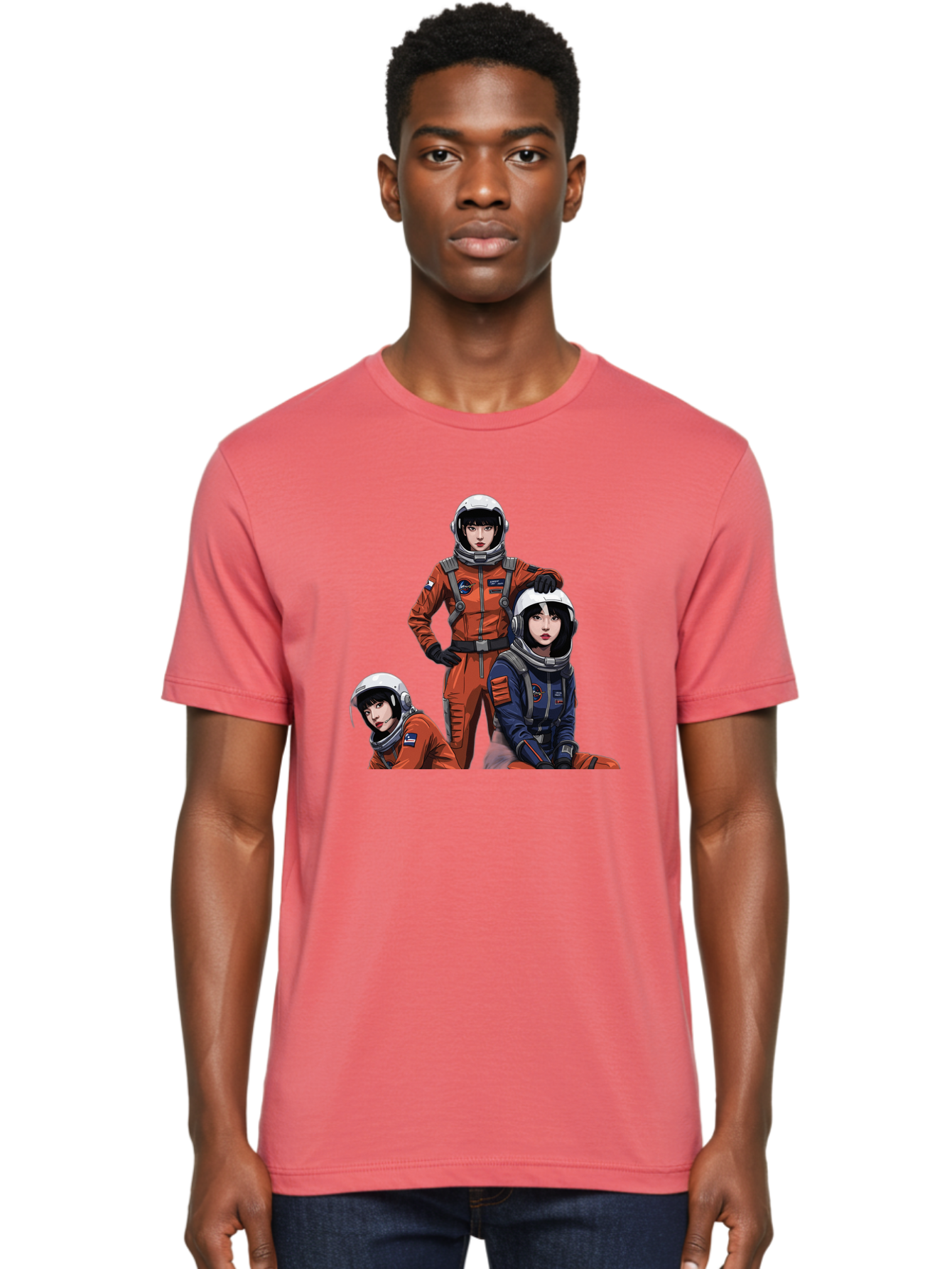 Three-Astronauts Men'S Graphic Tee, 100% Cotton, Comfortable Casual Summer Wear, Machine Washable, Astronauts In Space Suits, Orange And Blue Jumpsuits, Space Mission, Helmet And Gloves, Futuristic Design, Team Of Explorers, Space Travel Bac511 28