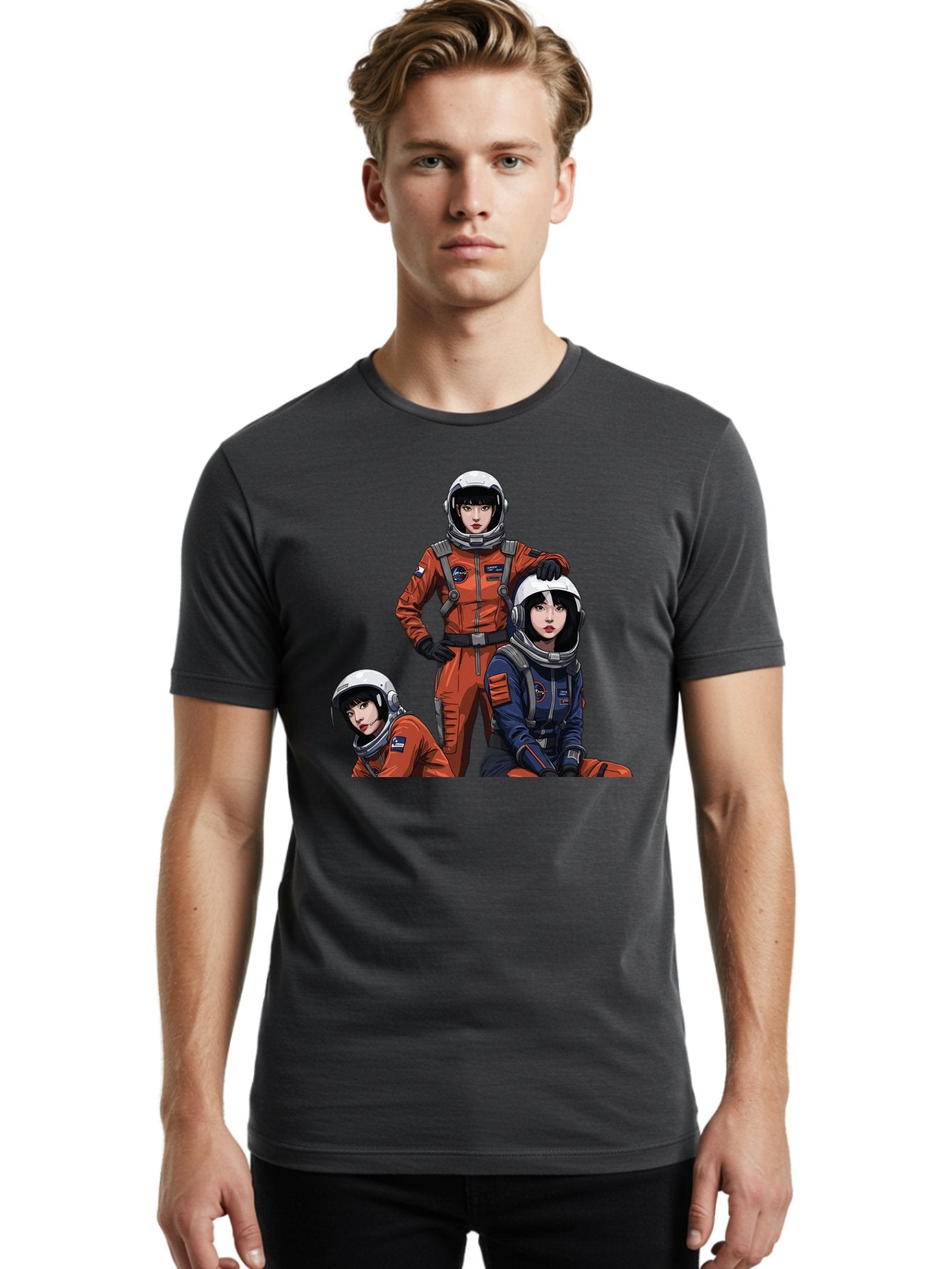 Three-Astronauts Men'S Graphic Tee, 100% Cotton, Comfortable Casual Summer Wear, Machine Washable, Astronauts In Space Suits, Orange And Blue Jumpsuits, Space Mission, Helmet And Gloves, Futuristic Design, Team Of Explorers, Space Travel Bac511 24