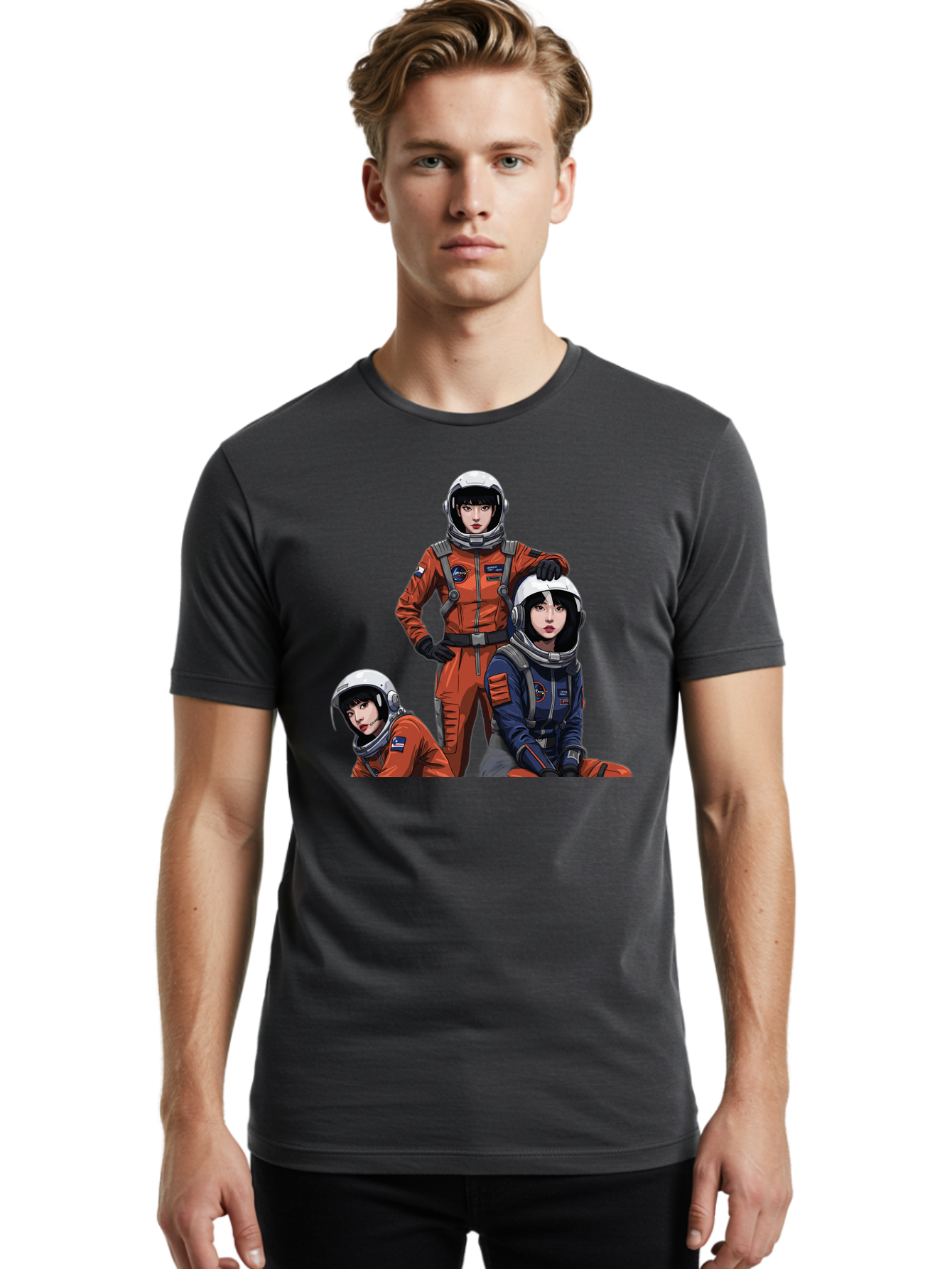 Three-Astronauts Men'S Graphic Tee, 100% Cotton, Comfortable Casual Summer Wear, Machine Washable, Astronauts In Space Suits, Orange And Blue Jumpsuits, Space Mission, Helmet And Gloves, Futuristic Design, Team Of Explorers, Space Travel Bac511 22