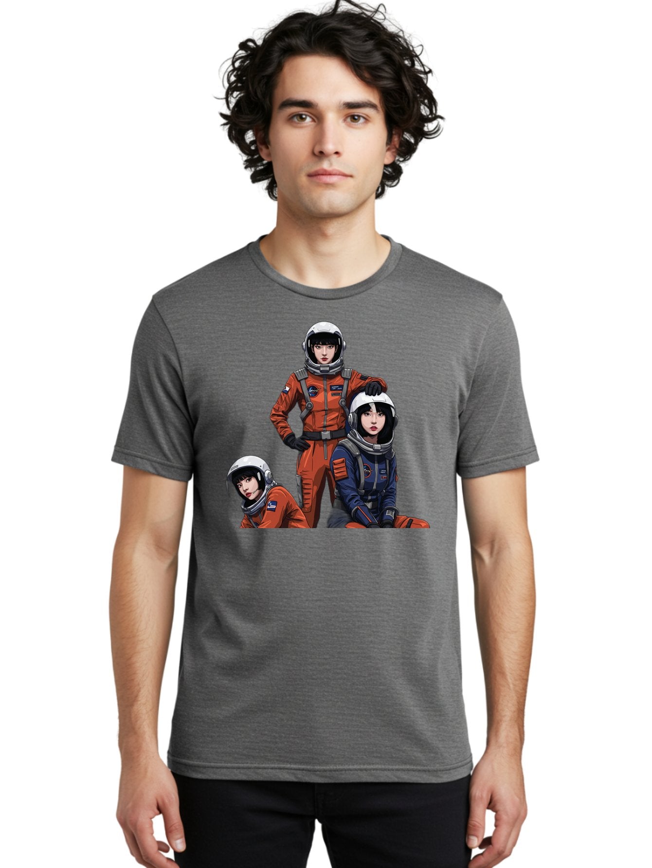 Three-Astronauts Men'S Graphic Tee, 100% Cotton, Comfortable Casual Summer Wear, Machine Washable, Astronauts In Space Suits, Orange And Blue Jumpsuits, Space Mission, Helmet And Gloves, Futuristic Design, Team Of Explorers, Space Travel Bac511 21