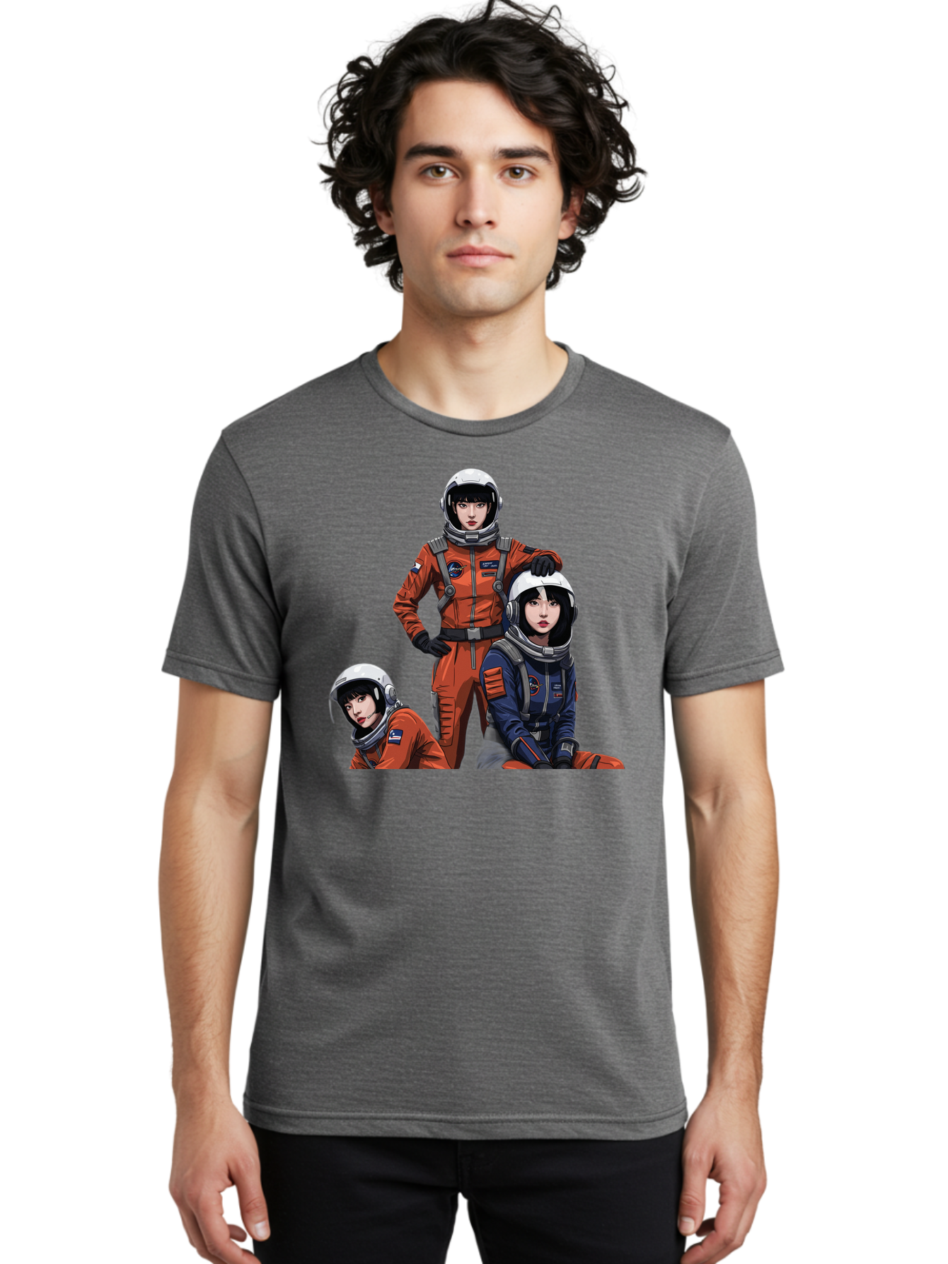 Three-Astronauts Men'S Graphic Tee, 100% Cotton, Comfortable Casual Summer Wear, Machine Washable, Astronauts In Space Suits, Orange And Blue Jumpsuits, Space Mission, Helmet And Gloves, Futuristic Design, Team Of Explorers, Space Travel Bac511 25