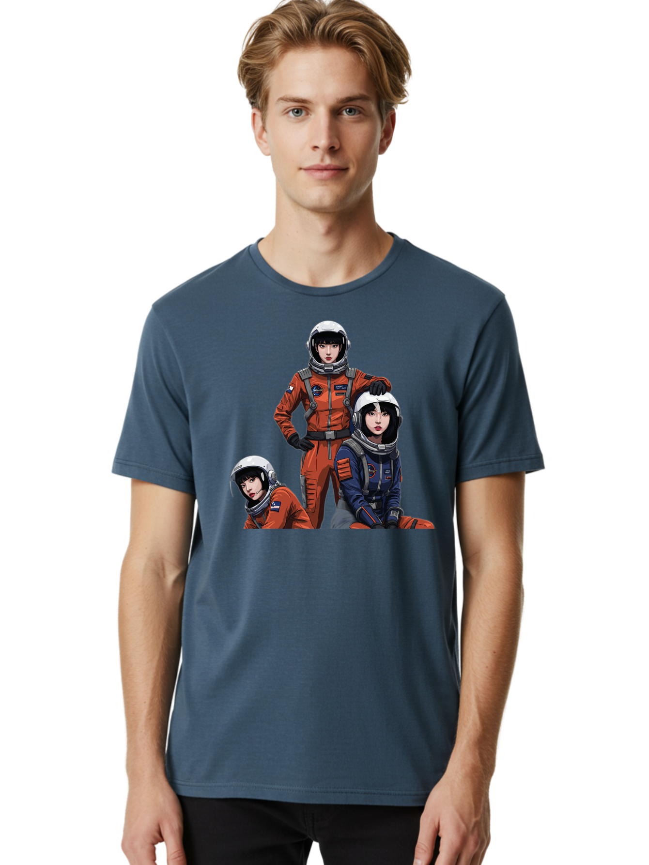 Three-Astronauts Men'S Graphic Tee, 100% Cotton, Comfortable Casual Summer Wear, Machine Washable, Astronauts In Space Suits, Orange And Blue Jumpsuits, Space Mission, Helmet And Gloves, Futuristic Design, Team Of Explorers, Space Travel Bac511 20