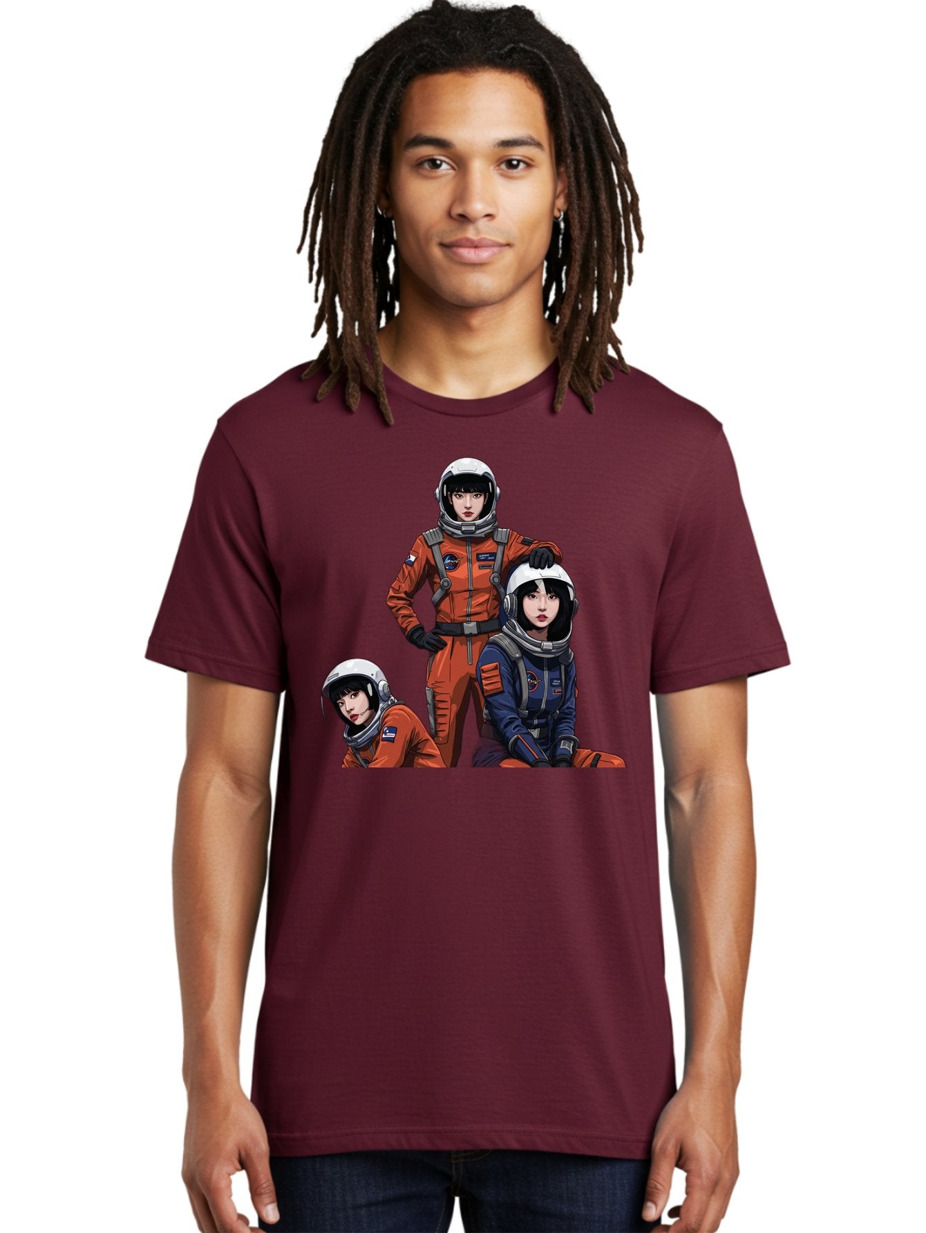 Three-Astronauts Men'S Graphic Tee, 100% Cotton, Comfortable Casual Summer Wear, Machine Washable, Astronauts In Space Suits, Orange And Blue Jumpsuits, Space Mission, Helmet And Gloves, Futuristic Design, Team Of Explorers, Space Travel Bac511 19