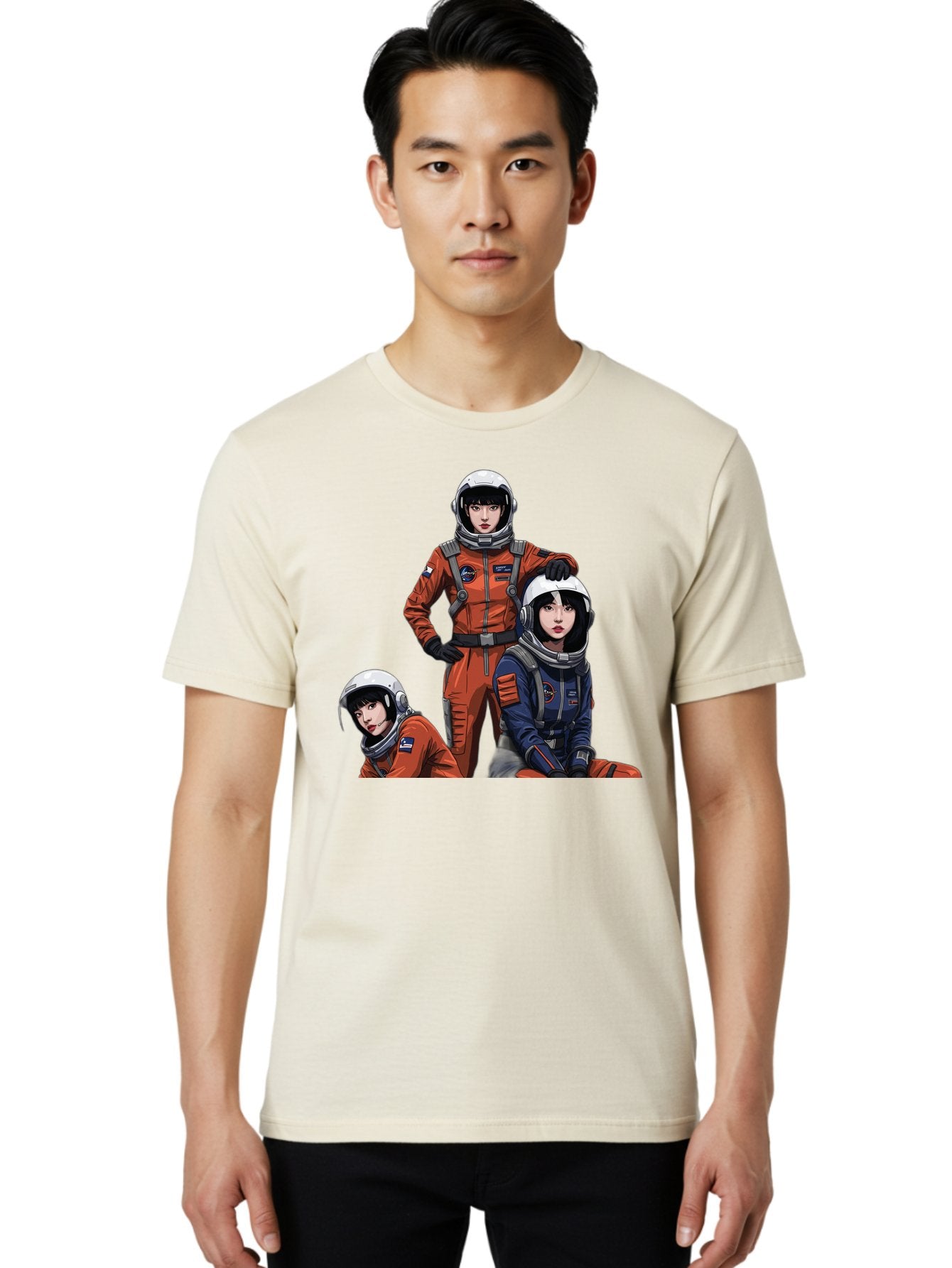 Three-Astronauts Men'S Graphic Tee, 100% Cotton, Comfortable Casual Summer Wear, Machine Washable, Astronauts In Space Suits, Orange And Blue Jumpsuits, Space Mission, Helmet And Gloves, Futuristic Design, Team Of Explorers, Space Travel Bac511 28