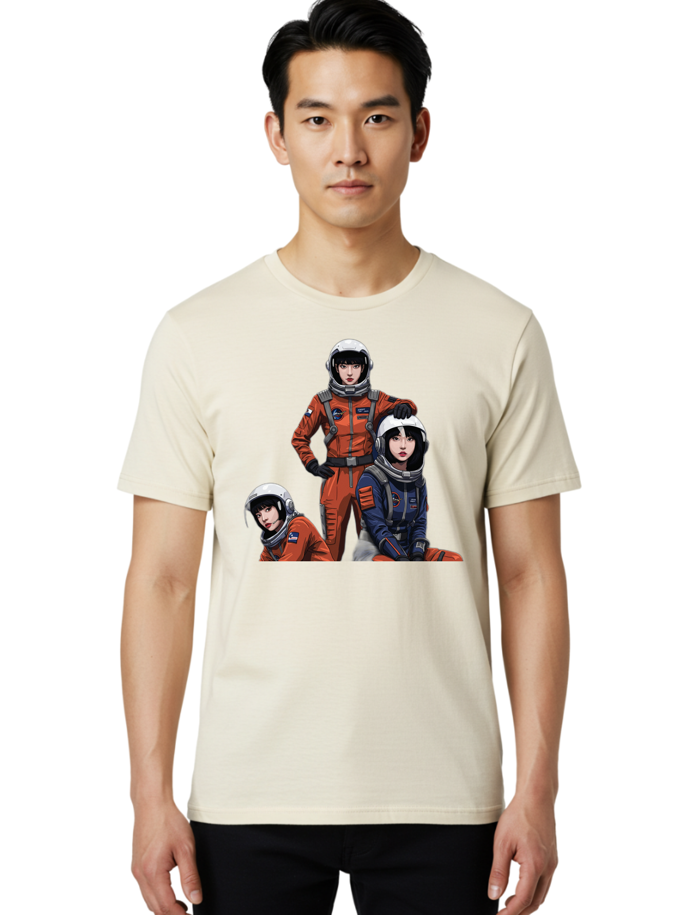 Three-Astronauts Men'S Graphic Tee, 100% Cotton, Comfortable Casual Summer Wear, Machine Washable, Astronauts In Space Suits, Orange And Blue Jumpsuits, Space Mission, Helmet And Gloves, Futuristic Design, Team Of Explorers, Space Travel Bac511 18