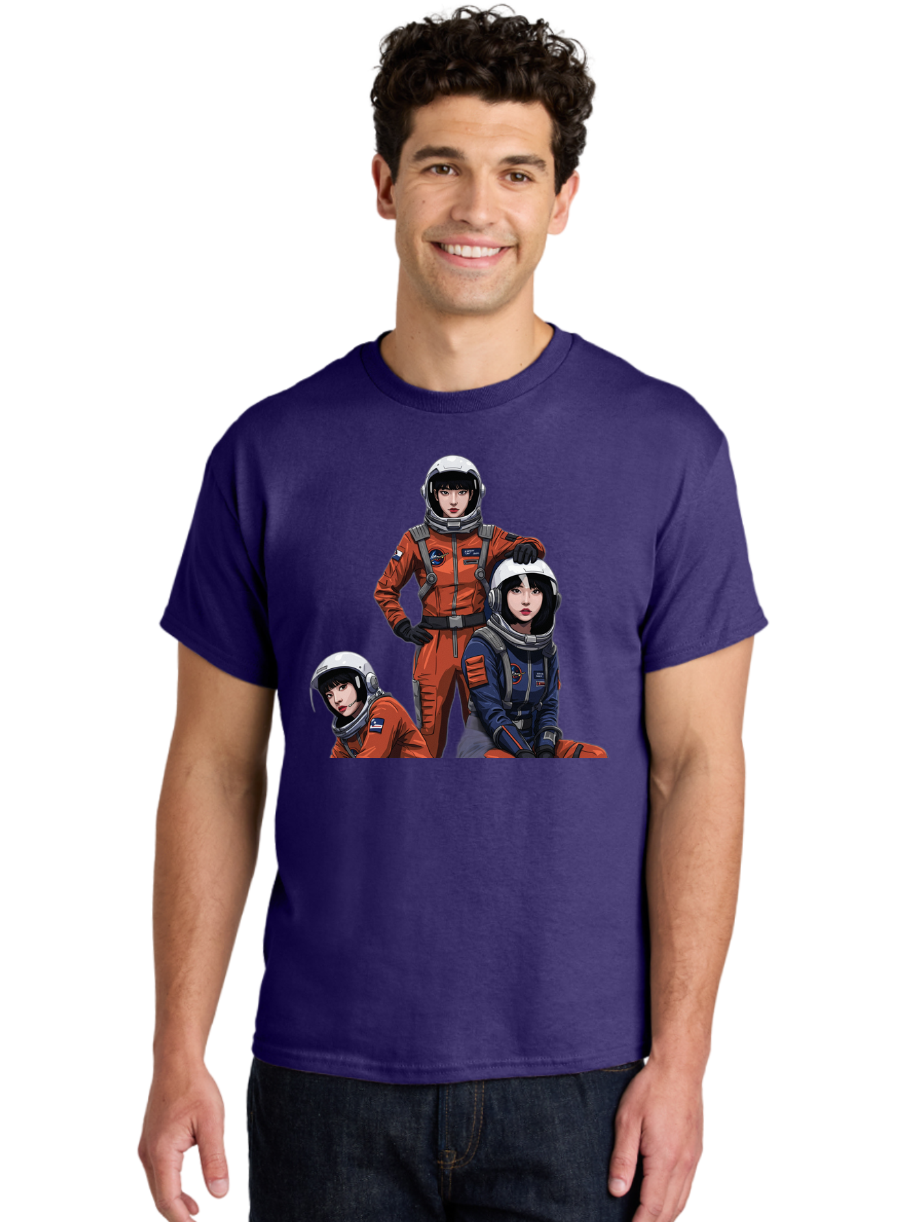 Three-Astronauts Men'S Graphic Tee, 100% Cotton, Comfortable Casual Summer Wear, Machine Washable, Astronauts In Space Suits, Orange And Blue Jumpsuits, Space Mission, Helmet And Gloves, Futuristic Design, Team Of Explorers, Space Travel Bac511 23
