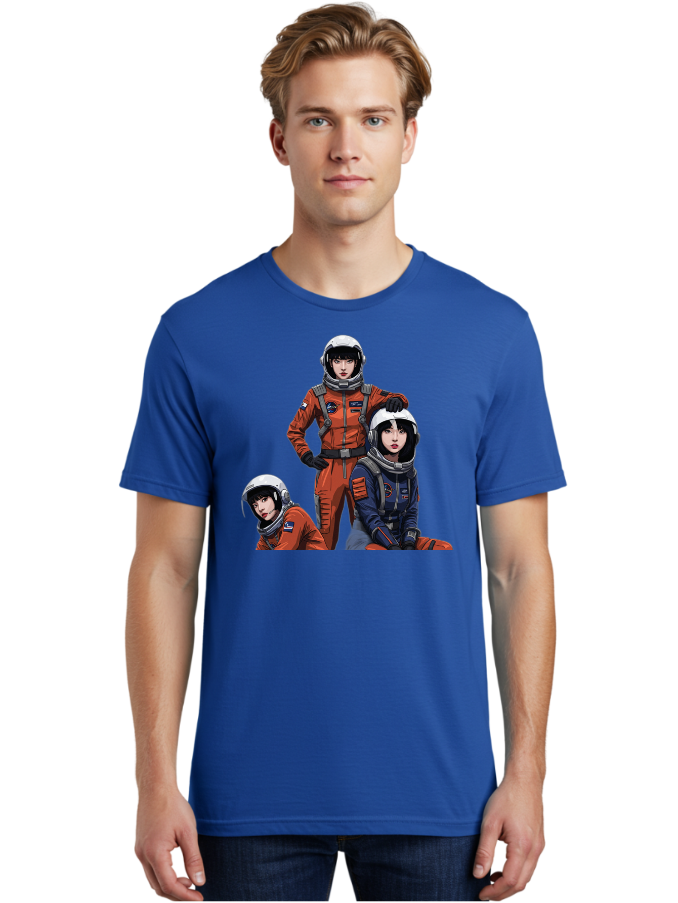 Three-Astronauts Men'S Graphic Tee, 100% Cotton, Comfortable Casual Summer Wear, Machine Washable, Astronauts In Space Suits, Orange And Blue Jumpsuits, Space Mission, Helmet And Gloves, Futuristic Design, Team Of Explorers, Space Travel Bac511 19