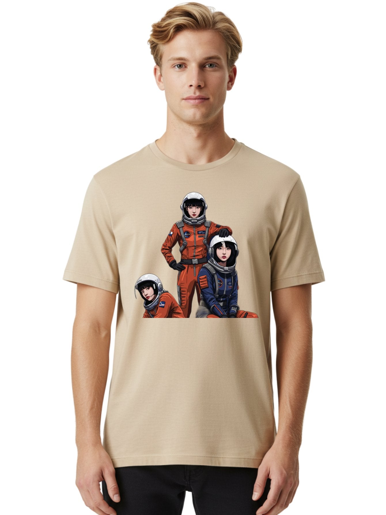 Three-Astronauts Men'S Graphic Tee, 100% Cotton, Comfortable Casual Summer Wear, Machine Washable, Astronauts In Space Suits, Orange And Blue Jumpsuits, Space Mission, Helmet And Gloves, Futuristic Design, Team Of Explorers, Space Travel Bac511 29