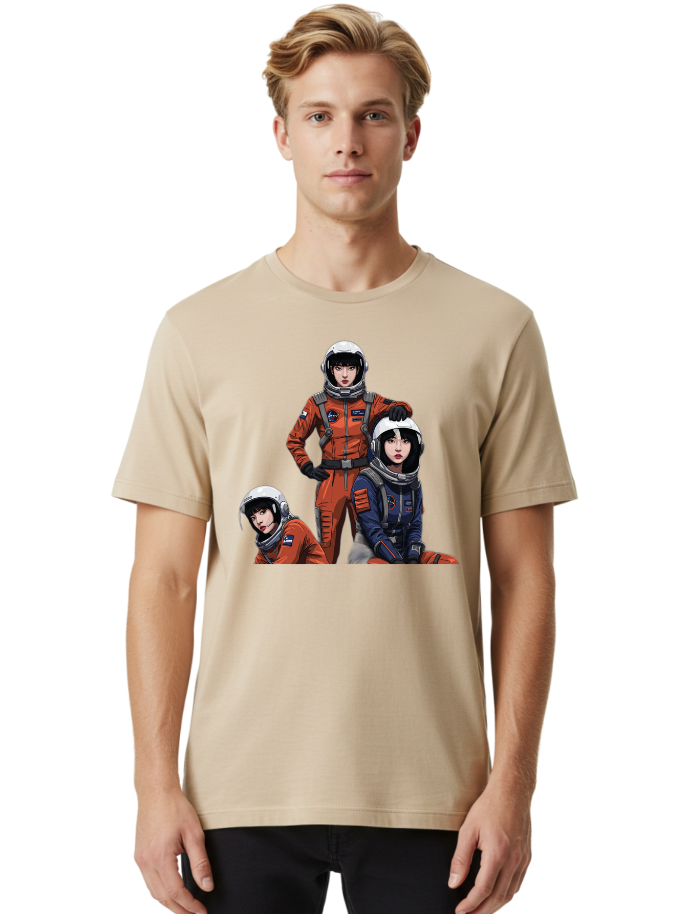 Three-Astronauts Men'S Graphic Tee, 100% Cotton, Comfortable Casual Summer Wear, Machine Washable, Astronauts In Space Suits, Orange And Blue Jumpsuits, Space Mission, Helmet And Gloves, Futuristic Design, Team Of Explorers, Space Travel Bac511 17