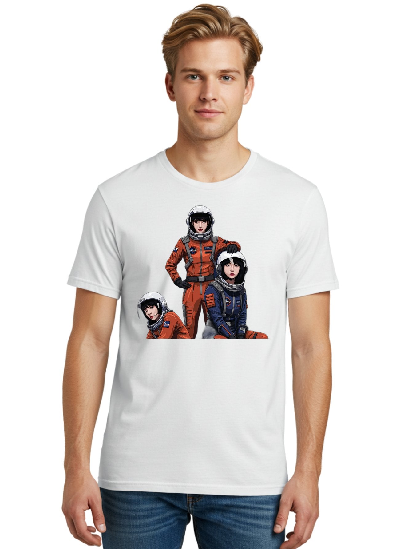 Three-Astronauts Men'S Graphic Tee, 100% Cotton, Comfortable Casual Summer Wear, Machine Washable, Astronauts In Space Suits, Orange And Blue Jumpsuits, Space Mission, Helmet And Gloves, Futuristic Design, Team Of Explorers, Space Travel Bac511 30
