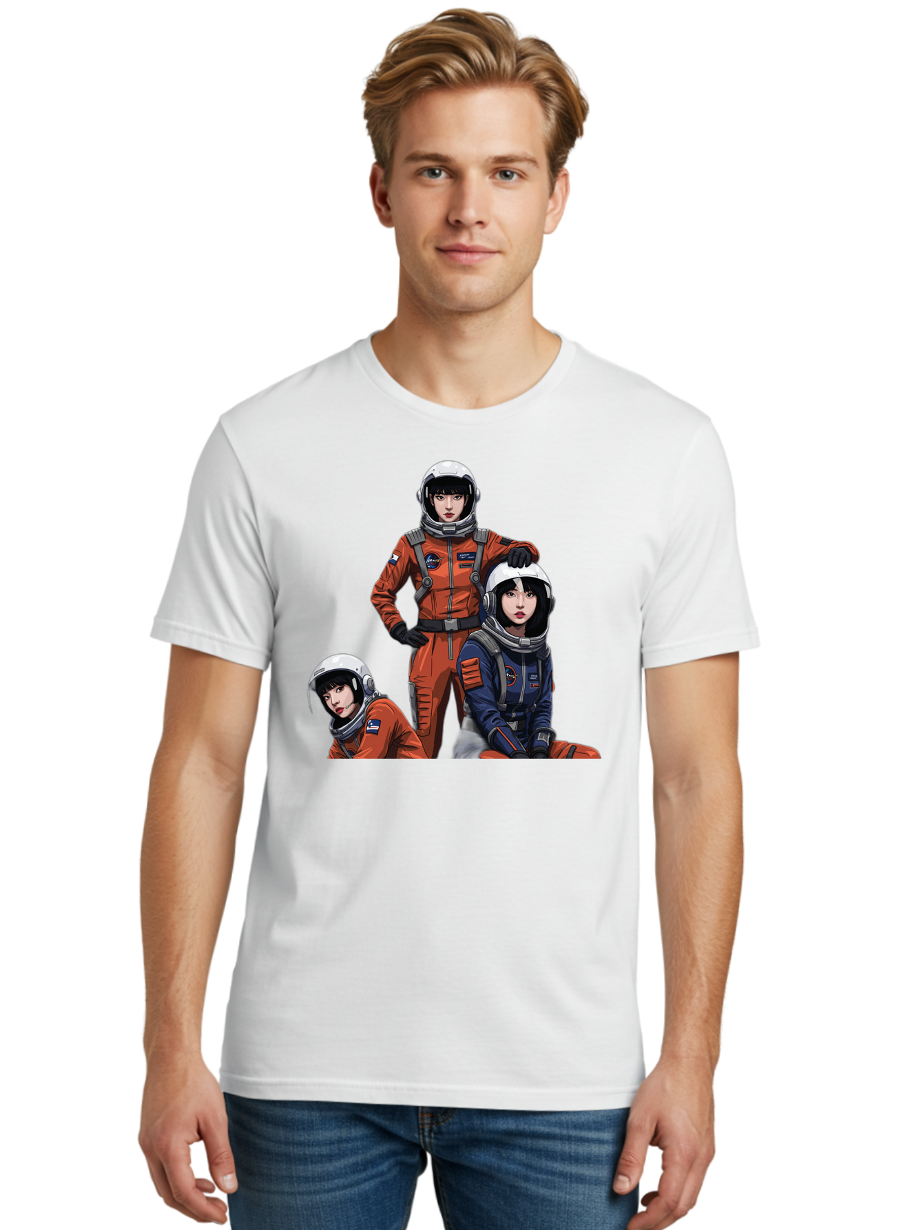 Three-Astronauts Men'S Graphic Tee, 100% Cotton, Comfortable Casual Summer Wear, Machine Washable, Astronauts In Space Suits, Orange And Blue Jumpsuits, Space Mission, Helmet And Gloves, Futuristic Design, Team Of Explorers, Space Travel Bac511 16