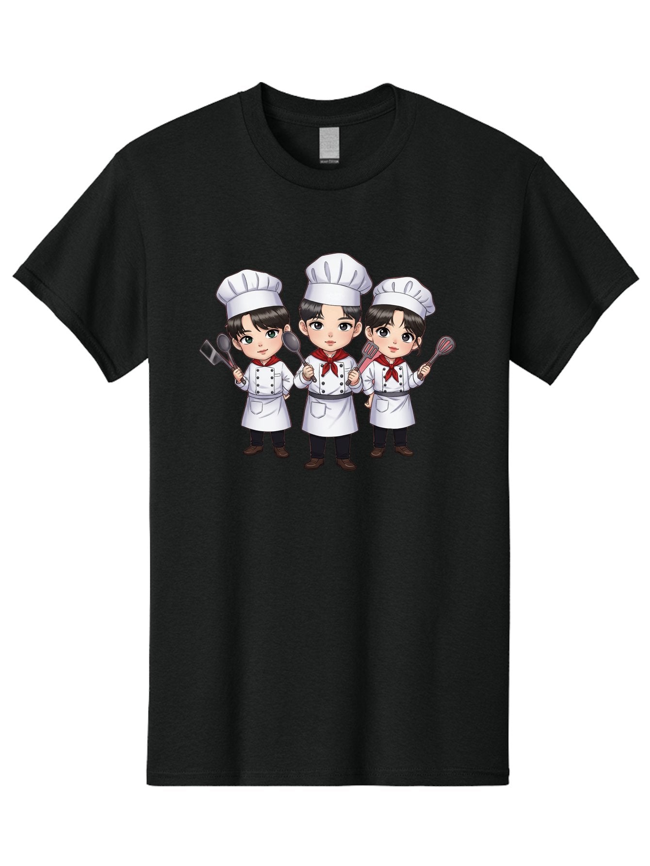 Three-Cartoon-Chefs Men'S Graphic Tee, 100% Cotton, Comfortable Casual Summer Wear, Machine Washable, Cartoon Chefs, Cooking Utensils, Kitchen Staff, Chef Hats, White Coats, Red Neckerchiefs, Cooking Tools, Ladle, Spatula, Whisk Bac512 8