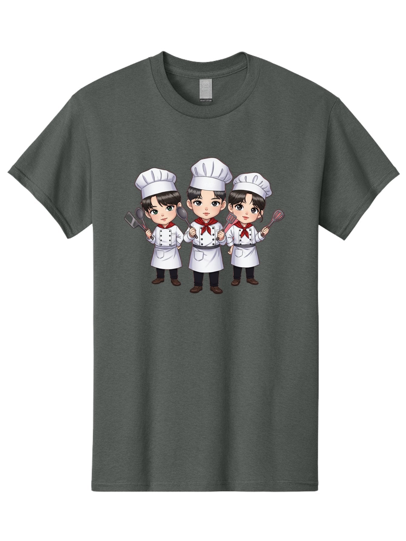 Three-Cartoon-Chefs Men'S Graphic Tee, 100% Cotton, Comfortable Casual Summer Wear, Machine Washable, Cartoon Chefs, Cooking Utensils, Kitchen Staff, Chef Hats, White Coats, Red Neckerchiefs, Cooking Tools, Ladle, Spatula, Whisk Bac512 9