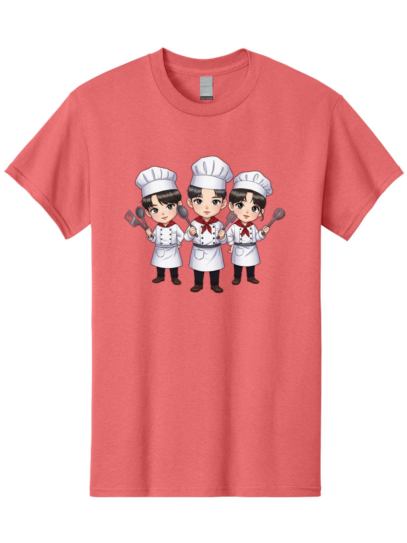 Three-Cartoon-Chefs Men'S Graphic Tee, 100% Cotton, Comfortable Casual Summer Wear, Machine Washable, Cartoon Chefs, Cooking Utensils, Kitchen Staff, Chef Hats, White Coats, Red Neckerchiefs, Cooking Tools, Ladle, Spatula, Whisk Bac512 10