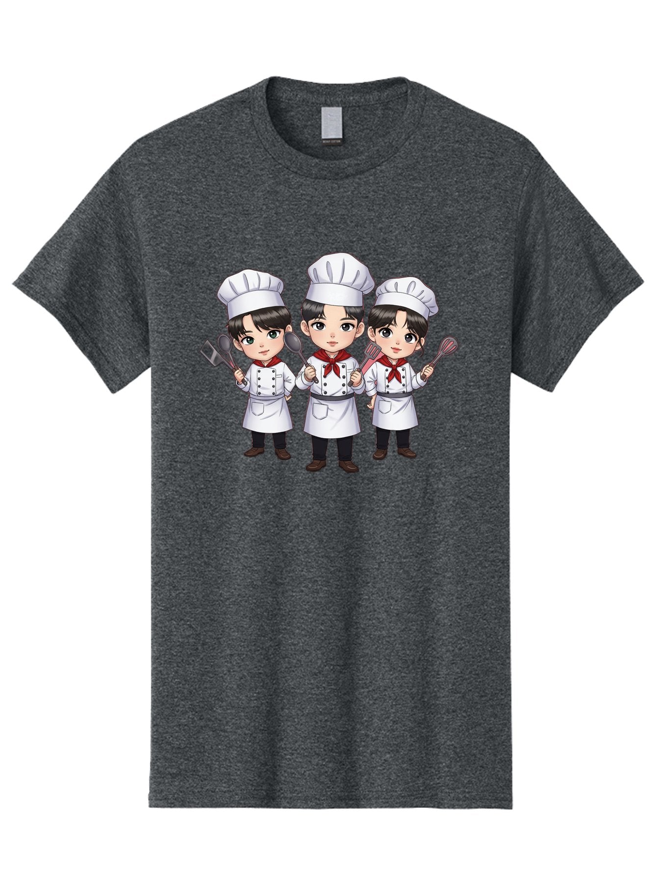 Three-Cartoon-Chefs Men'S Graphic Tee, 100% Cotton, Comfortable Casual Summer Wear, Machine Washable, Cartoon Chefs, Cooking Utensils, Kitchen Staff, Chef Hats, White Coats, Red Neckerchiefs, Cooking Tools, Ladle, Spatula, Whisk Bac512 6