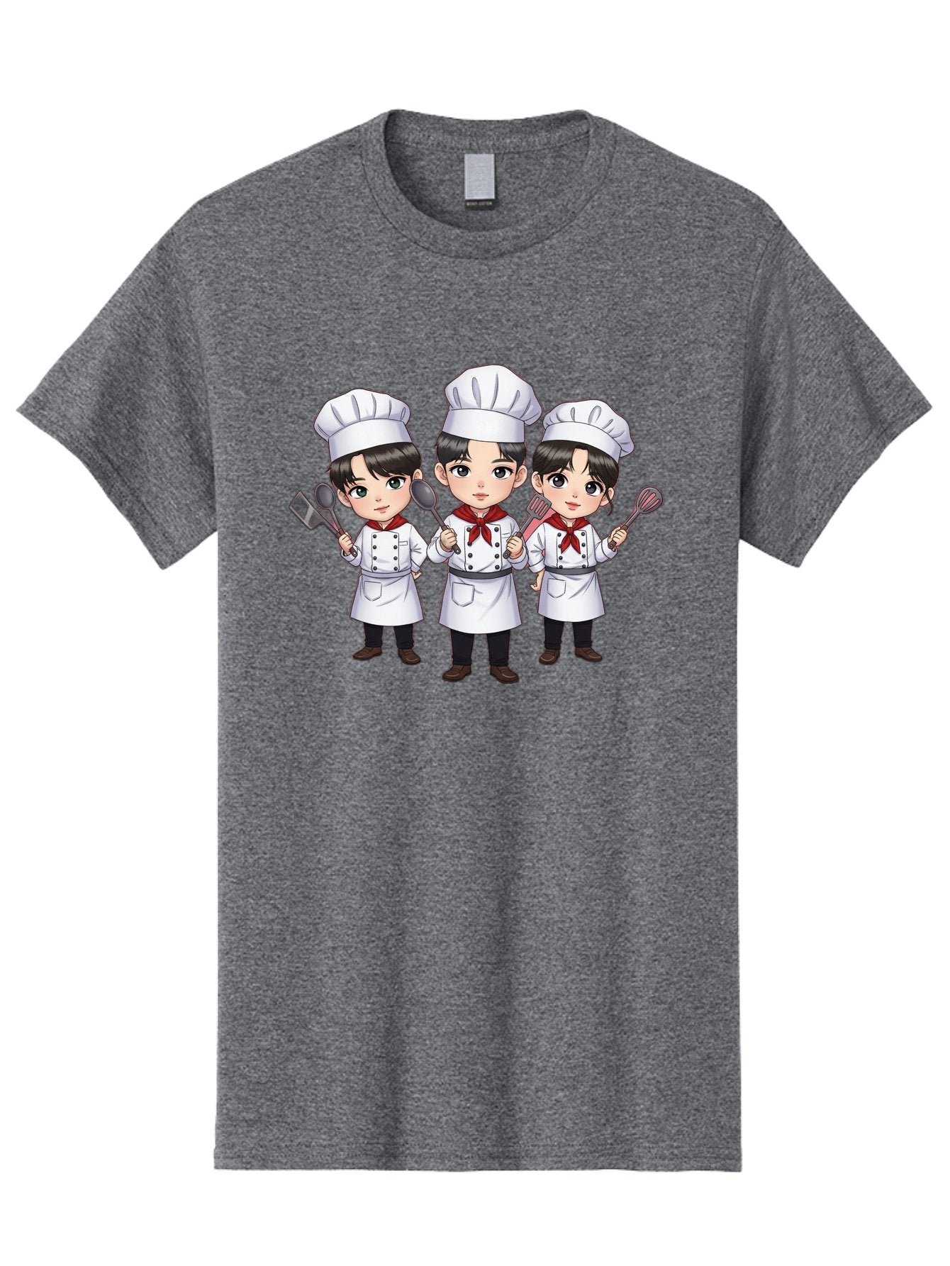 Three-Cartoon-Chefs Men'S Graphic Tee, 100% Cotton, Comfortable Casual Summer Wear, Machine Washable, Cartoon Chefs, Cooking Utensils, Kitchen Staff, Chef Hats, White Coats, Red Neckerchiefs, Cooking Tools, Ladle, Spatula, Whisk Bac512 14