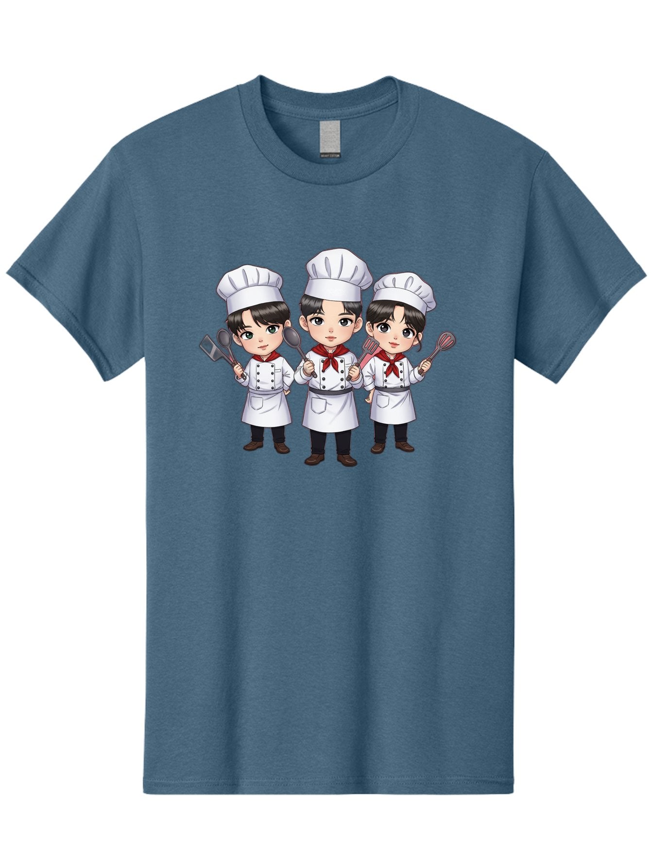 Three-Cartoon-Chefs Men'S Graphic Tee, 100% Cotton, Comfortable Casual Summer Wear, Machine Washable, Cartoon Chefs, Cooking Utensils, Kitchen Staff, Chef Hats, White Coats, Red Neckerchiefs, Cooking Tools, Ladle, Spatula, Whisk Bac512